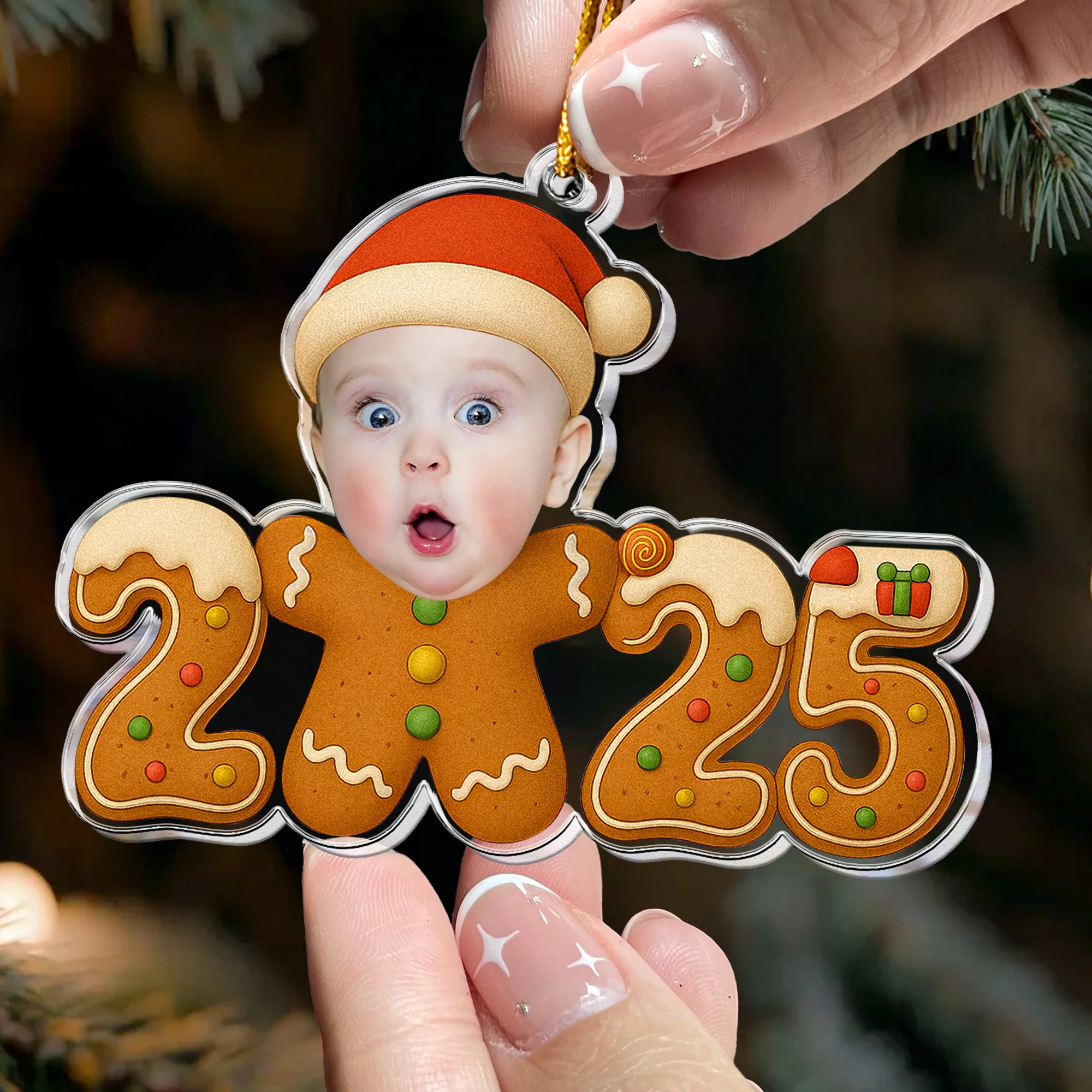 Baby Christmas Gingerbread Cookie - Personalized Acrylic Photo Ornament - Image 2