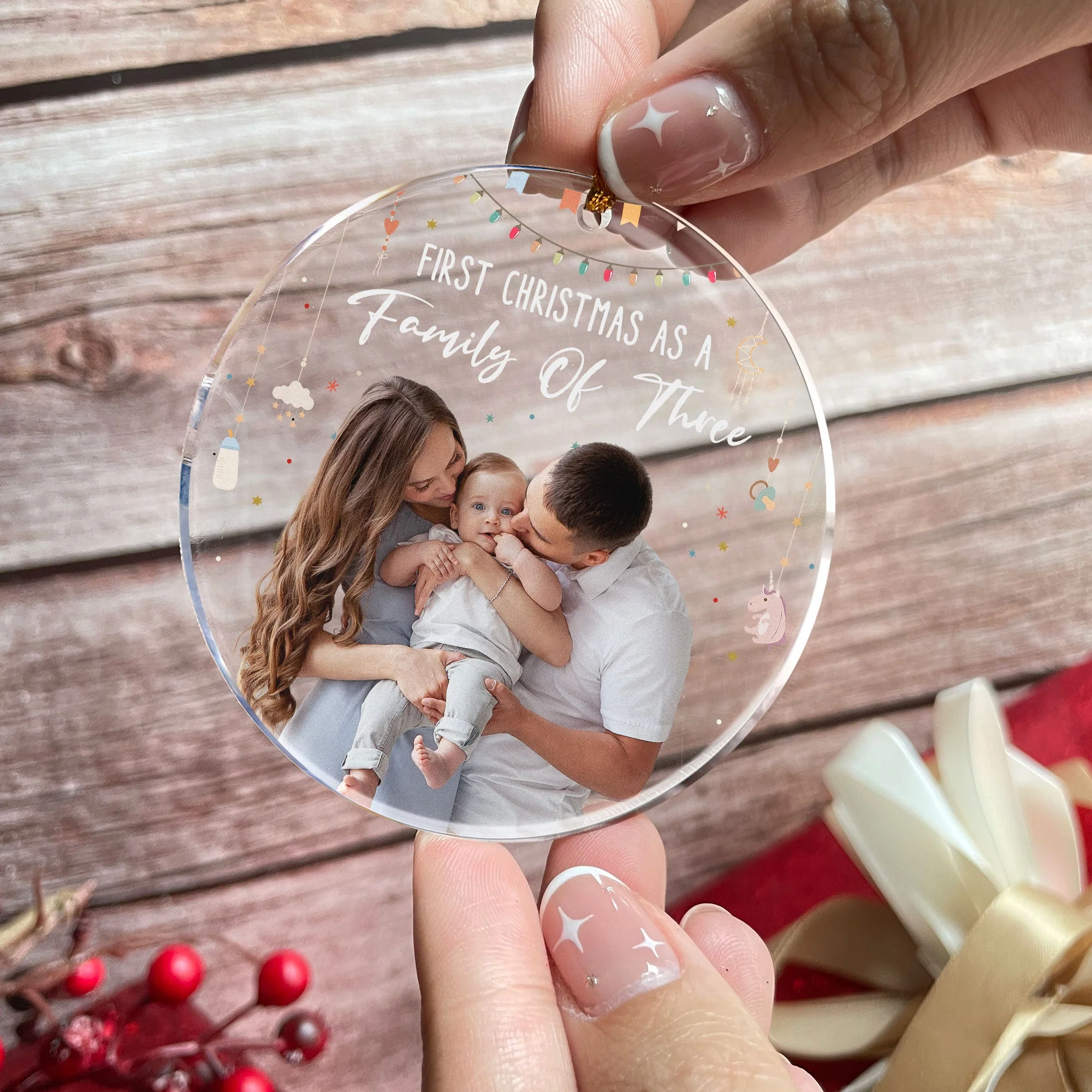 Baby First Christmas As A Family Of Three - Personalized Photo Acrylic Ornament - Image 2
