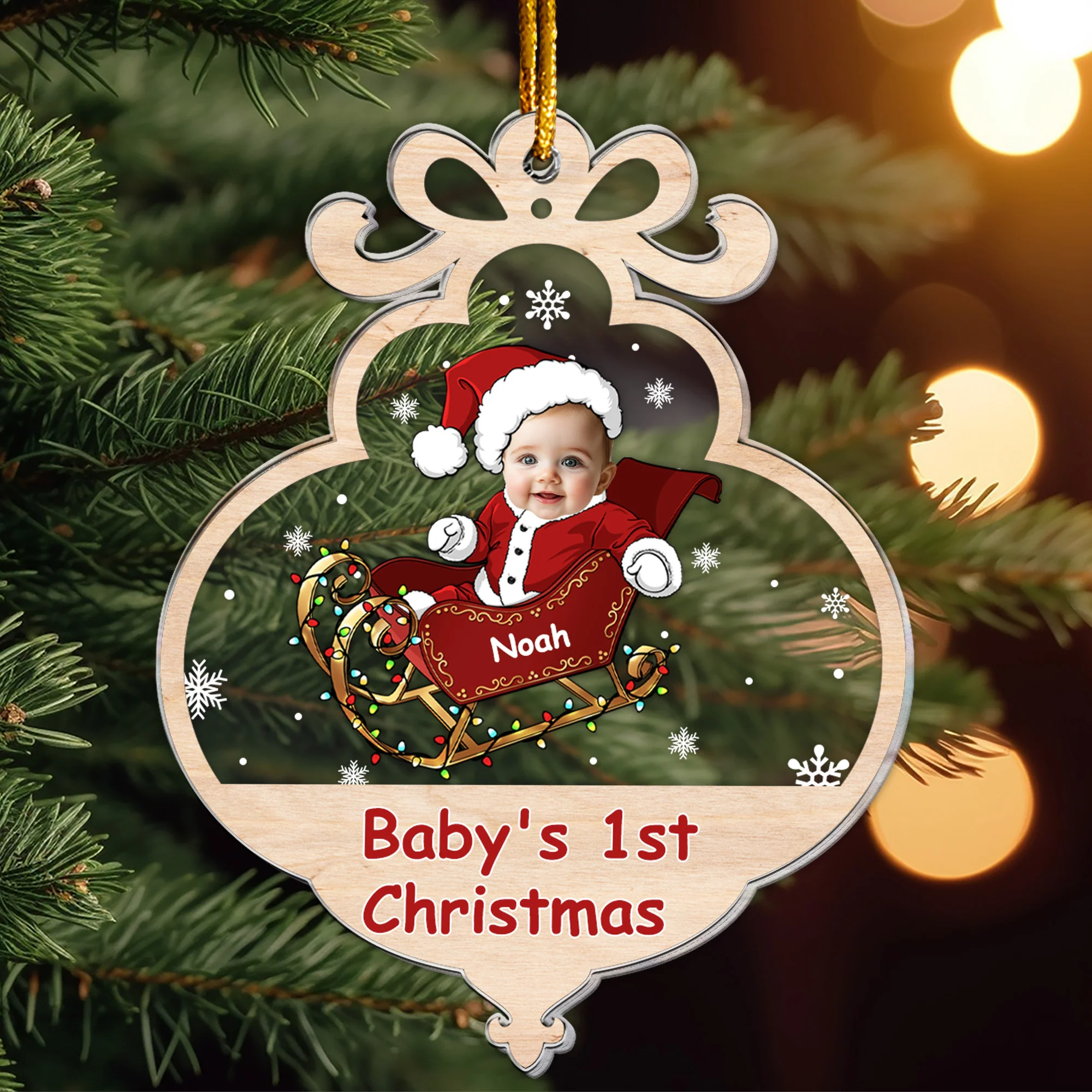 Baby First Christmas With Adorable Santa Sleigh - Personalized Acrylic Photo Ornament - Image 2