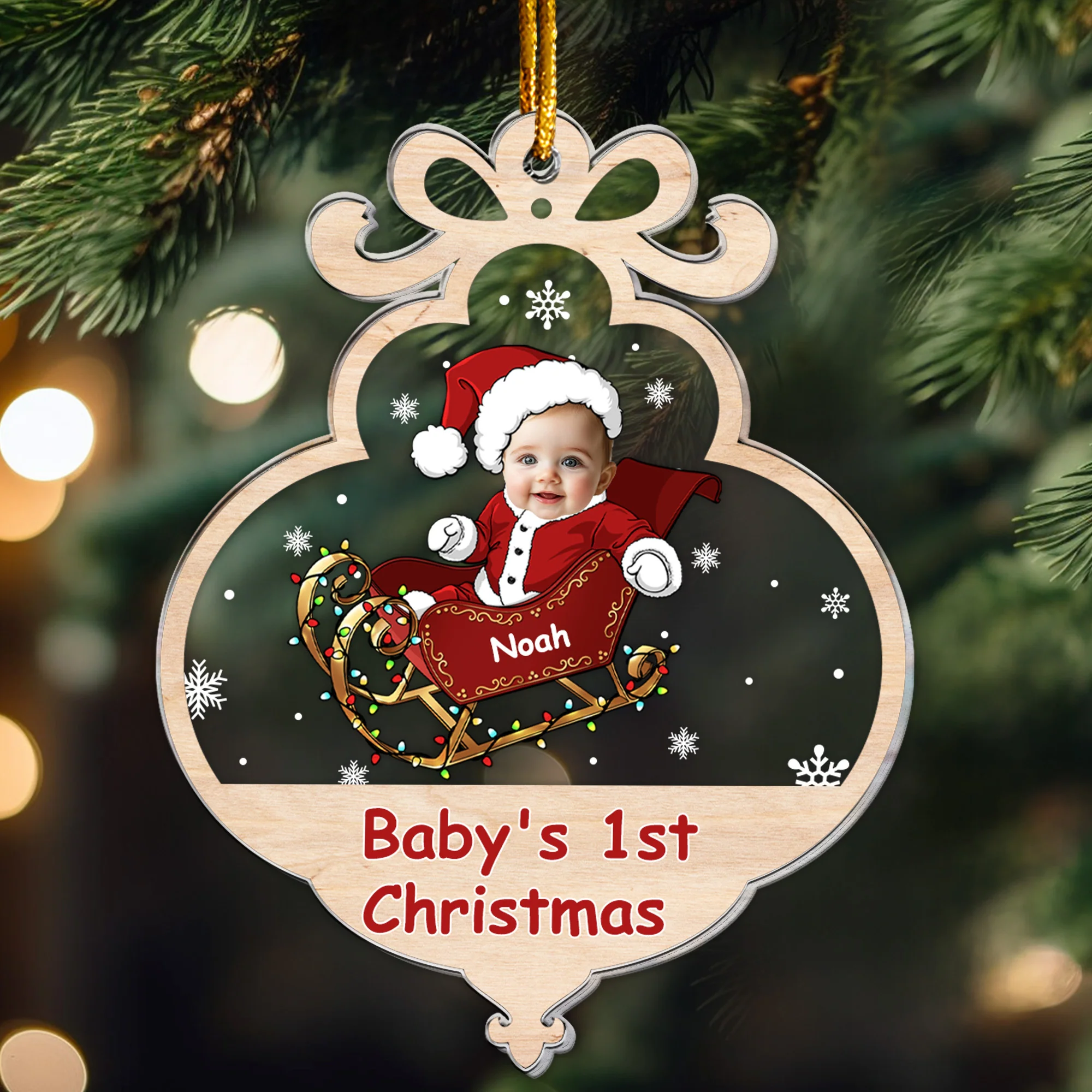 Baby First Christmas With Adorable Santa Sleigh - Personalized Acrylic Photo Ornament - Image 5