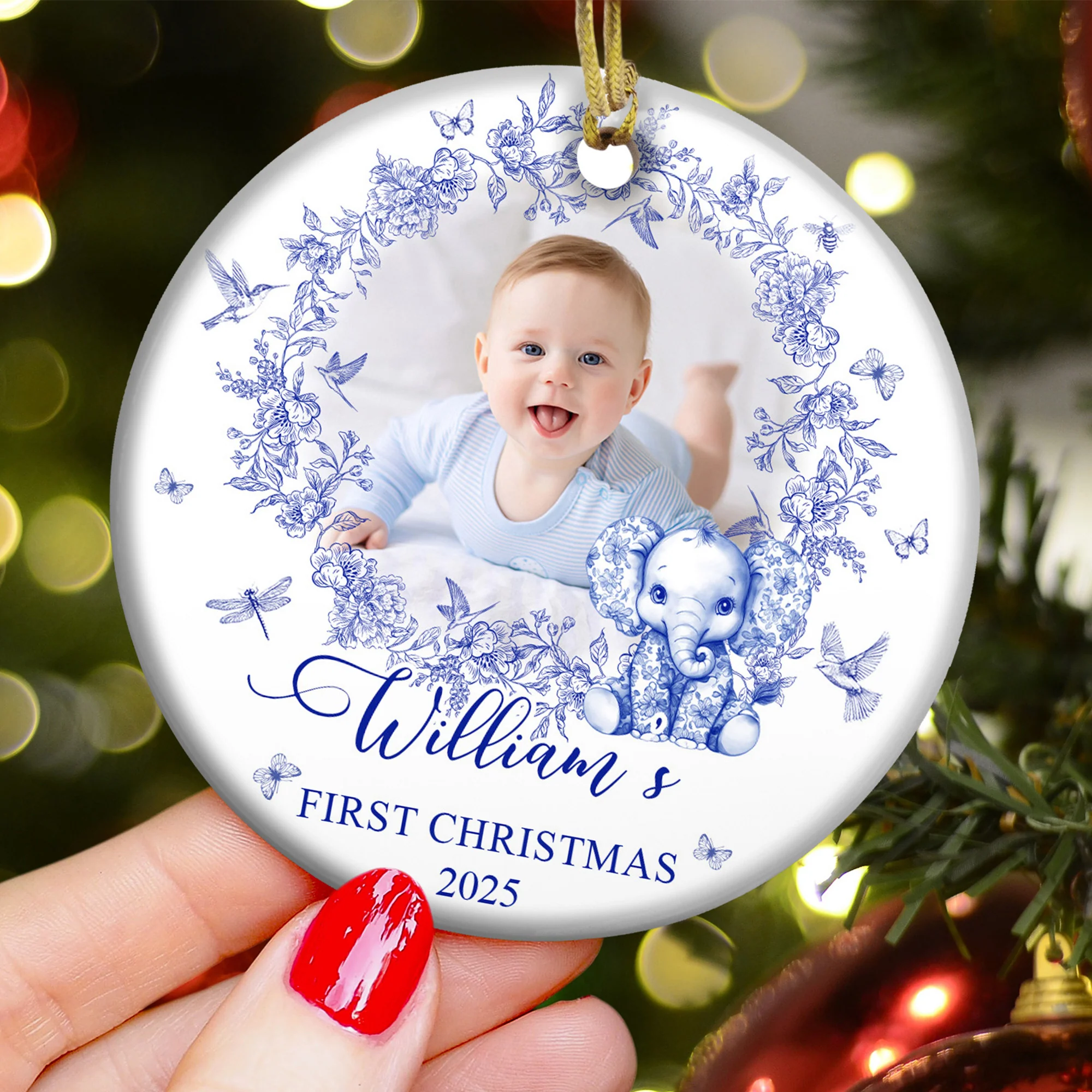 Baby's First Christmas For Baby Girl, Baby Boy Toile De Jouy - Personalized Ceramic Photo Ornament - Image 4