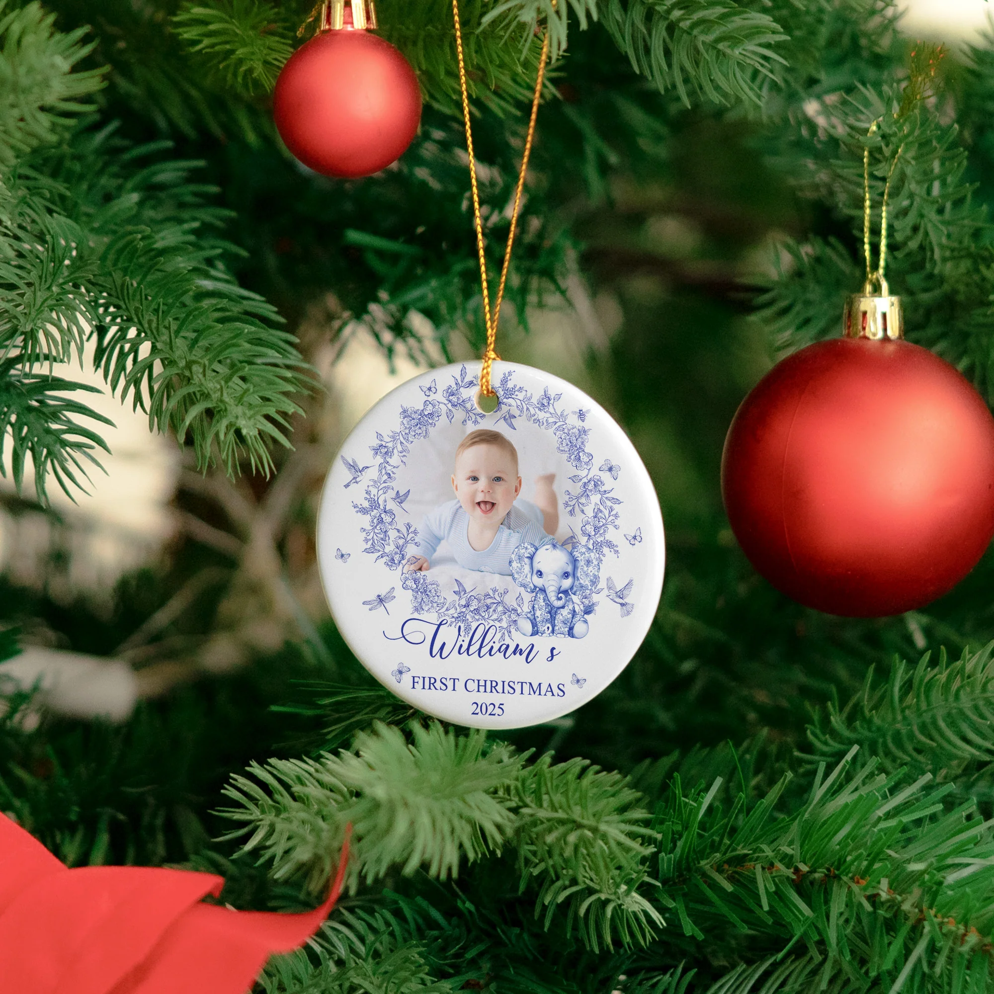 Baby's First Christmas For Baby Girl, Baby Boy Toile De Jouy - Personalized Ceramic Photo Ornament - Image 5