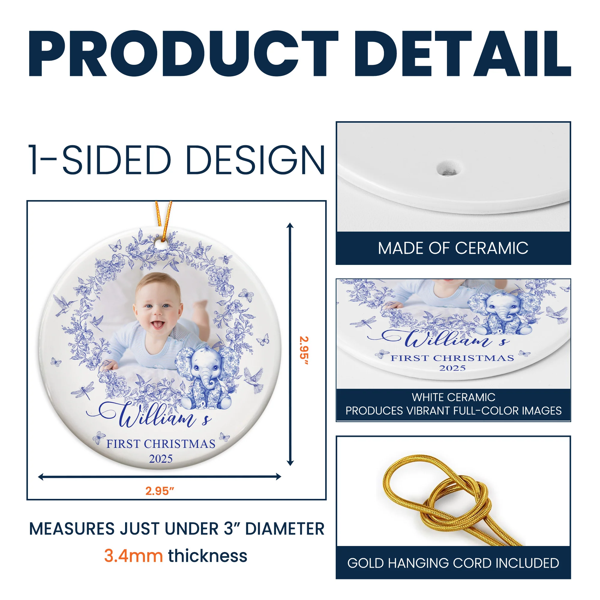 Baby's First Christmas For Baby Girl, Baby Boy Toile De Jouy - Personalized Ceramic Photo Ornament - Image 6