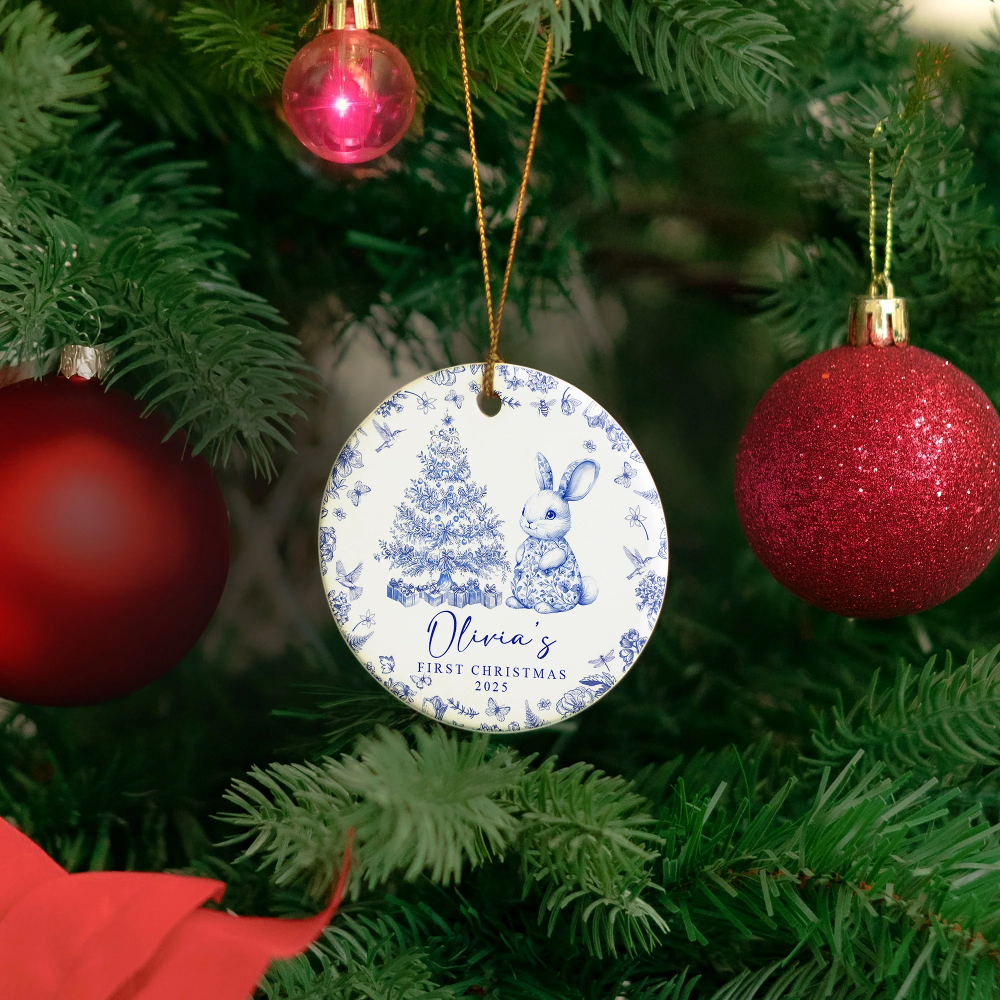 Baby's First Christmas Toile De Jouy - Personalized Ceramic Ornament - Image 4