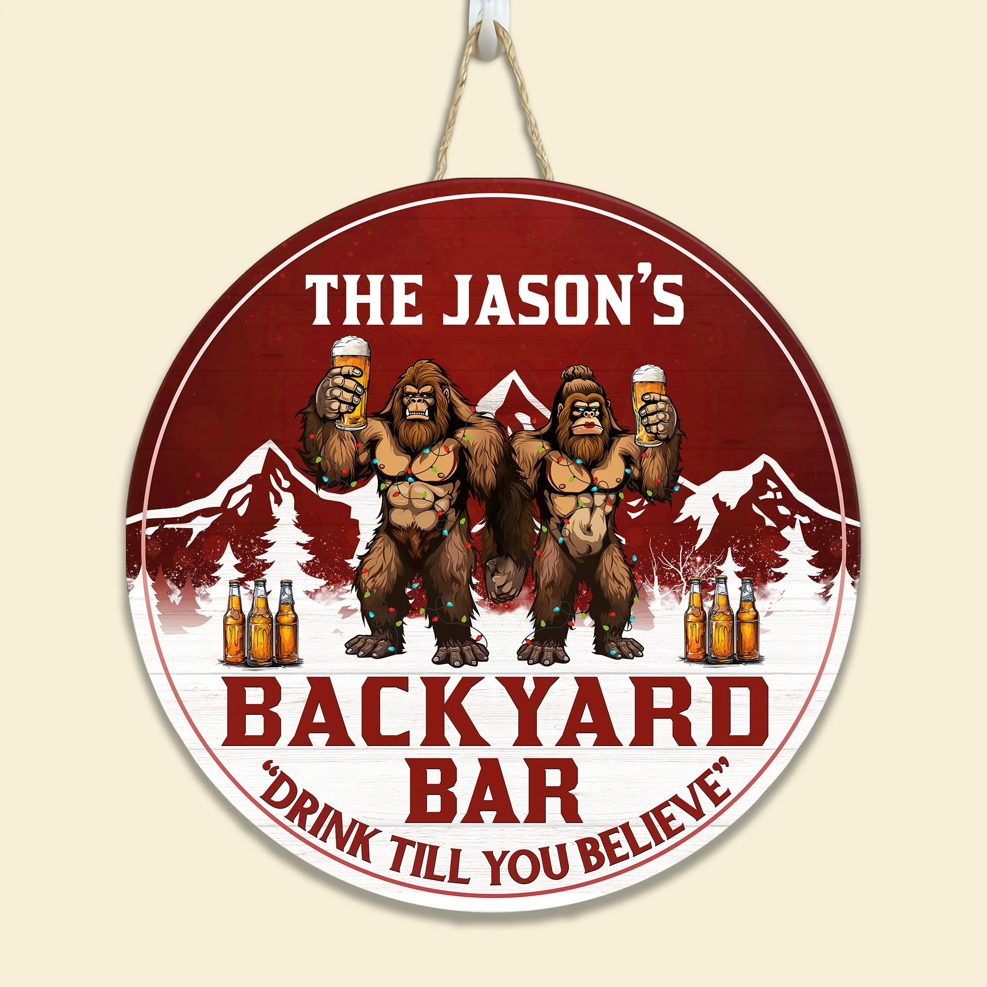 Backyard Bar Drink Till You Believe Bigfoot Version - Personalized Wood Wreath - Image 5