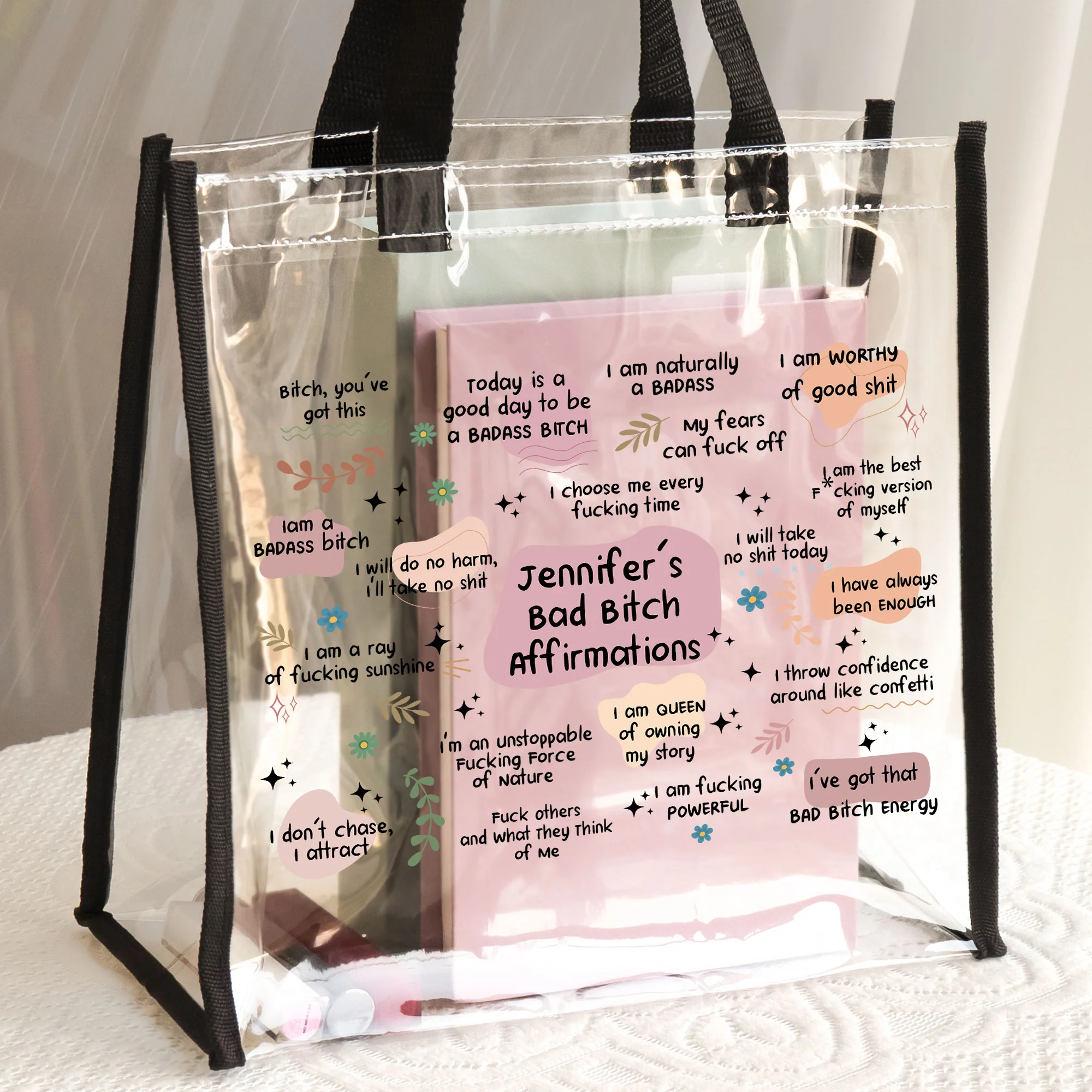 Bad B*tch Affirmations - Funny Gifts For Coworkers, Friends - Custom Clear Tote Bag - Image 3