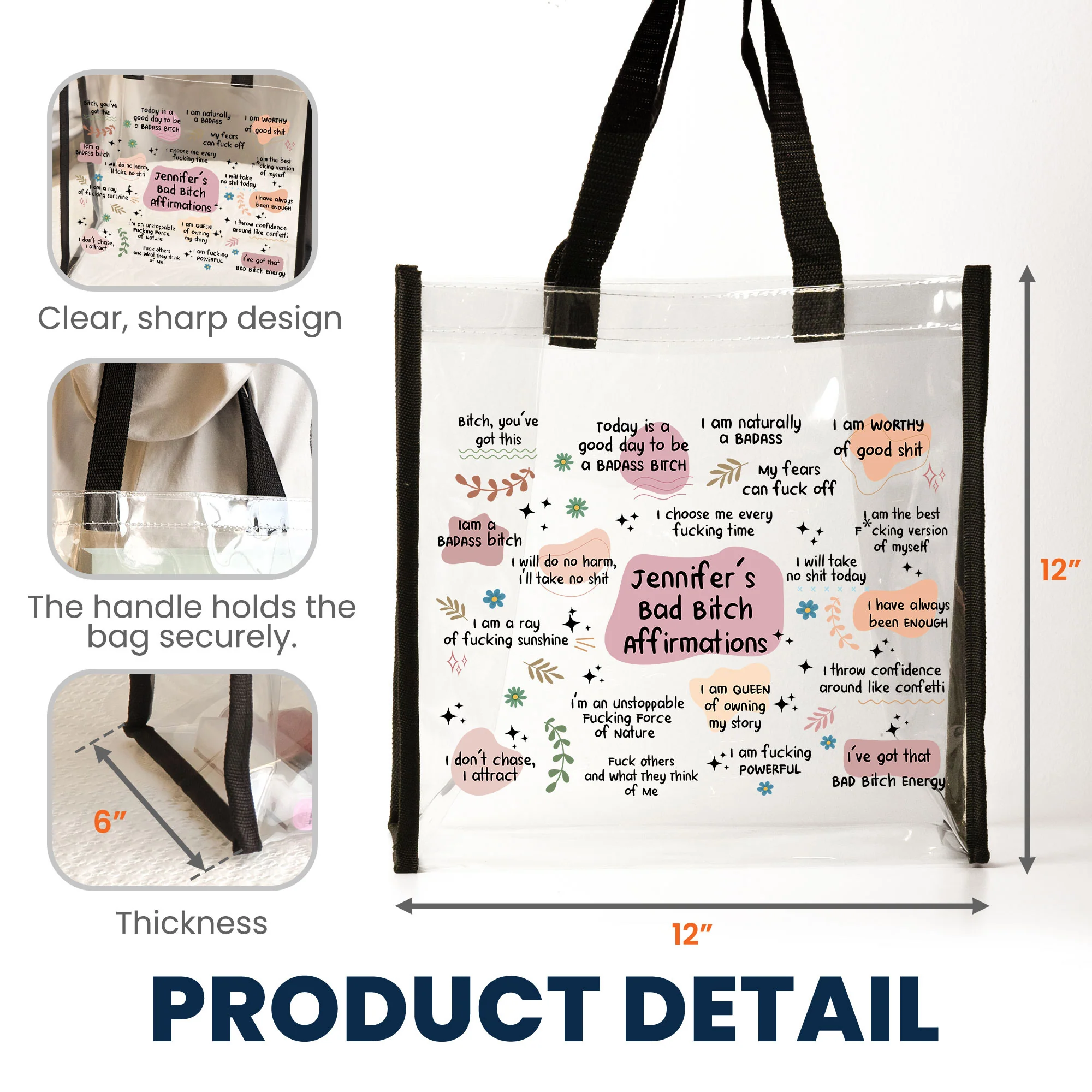 Bad B*tch Affirmations - Funny Gifts For Coworkers, Friends - Custom Clear Tote Bag - Image 6