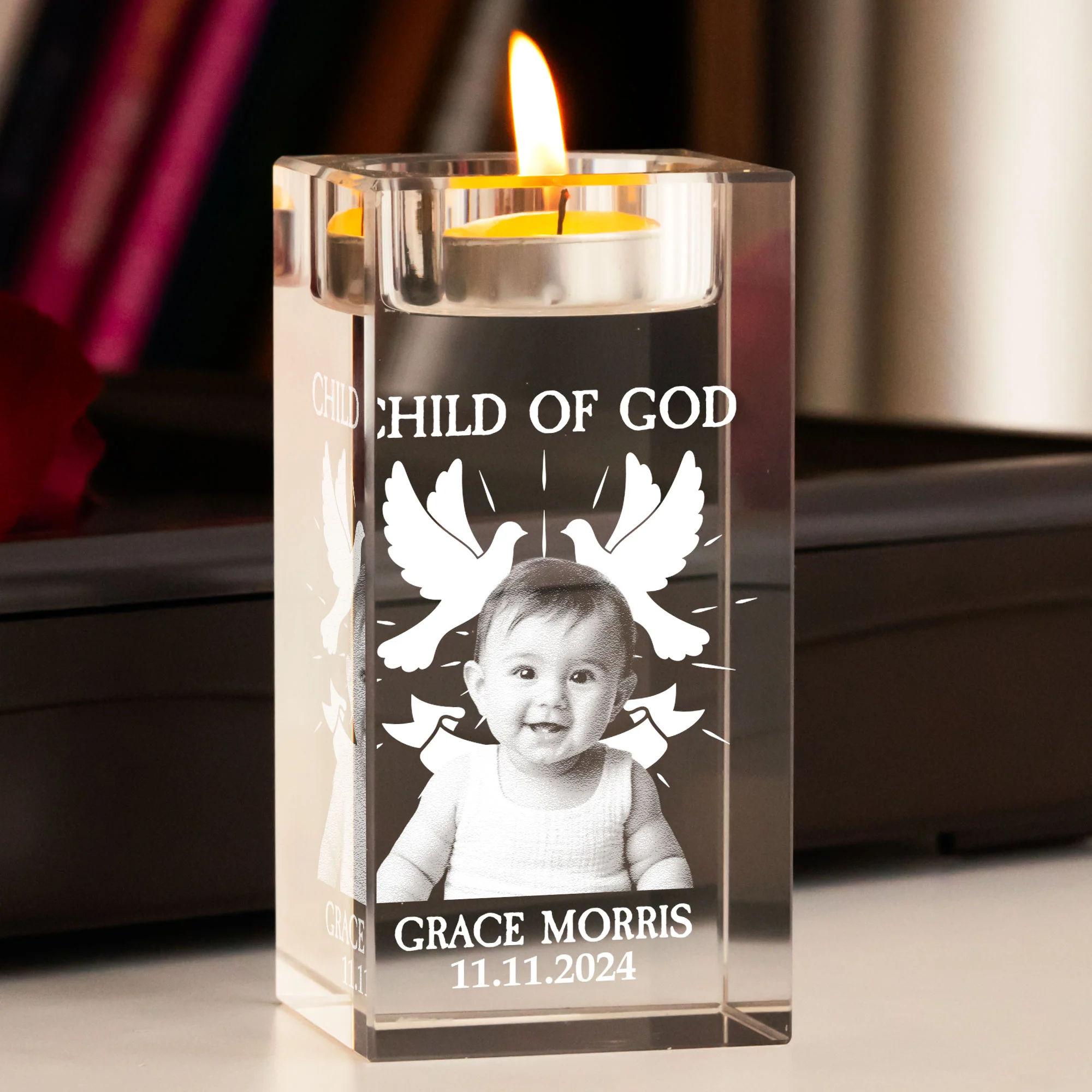 Baptized - Personalized 3D Photo Crystal Candle Holder - Image 2