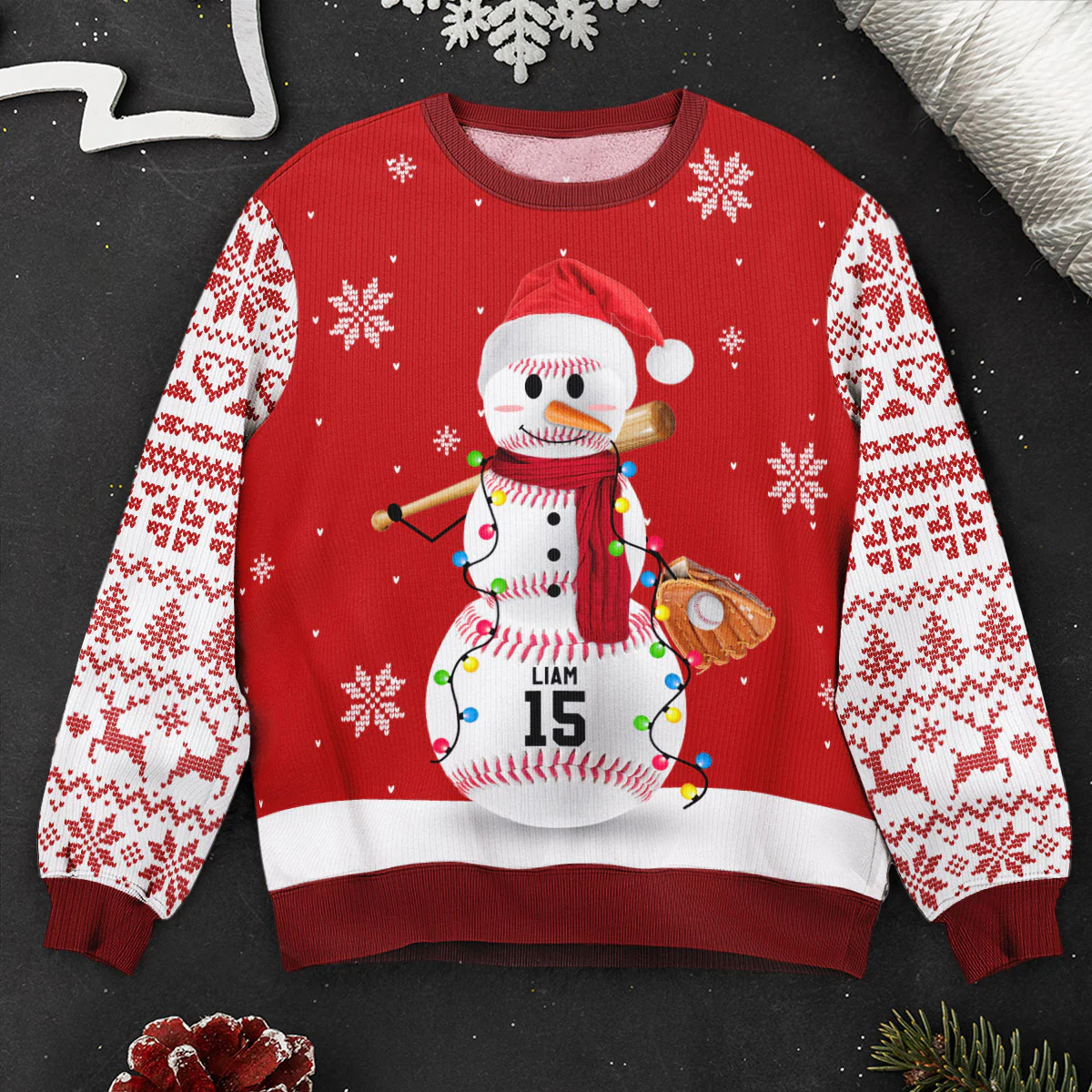 Baseball, Basketball, Football Snowman, Sport Snowman - Personalized Ugly Sweater - Image 5