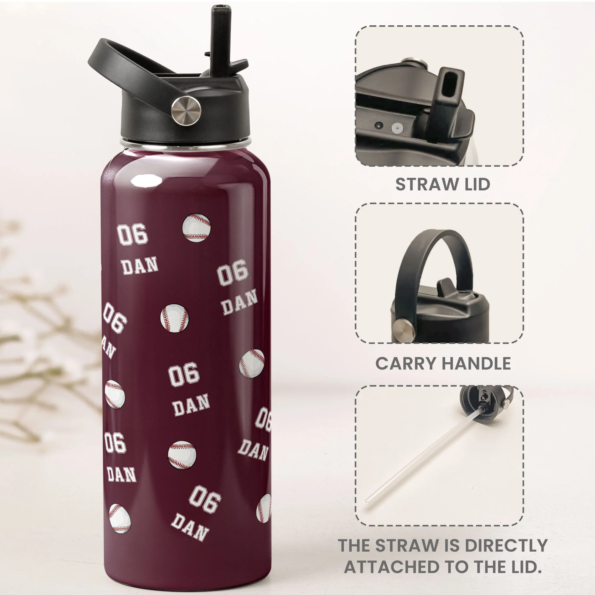 Baseball Custom Name, Number - Personalized Stainless Steel Water Bottle - Image 2