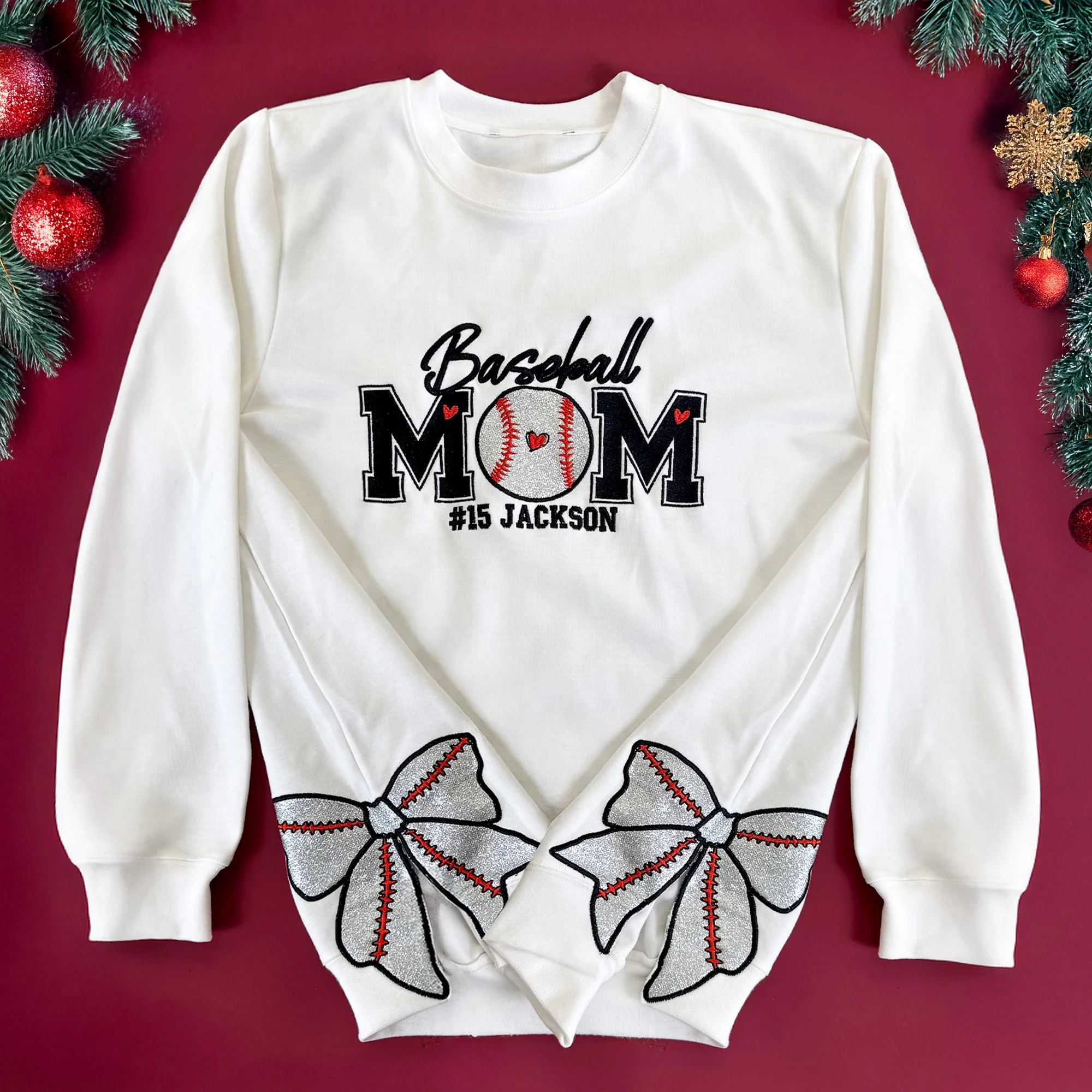Baseball Mom, Softball Mom - Personalized Side Bow Embroidered Sweatshirt - Image 2