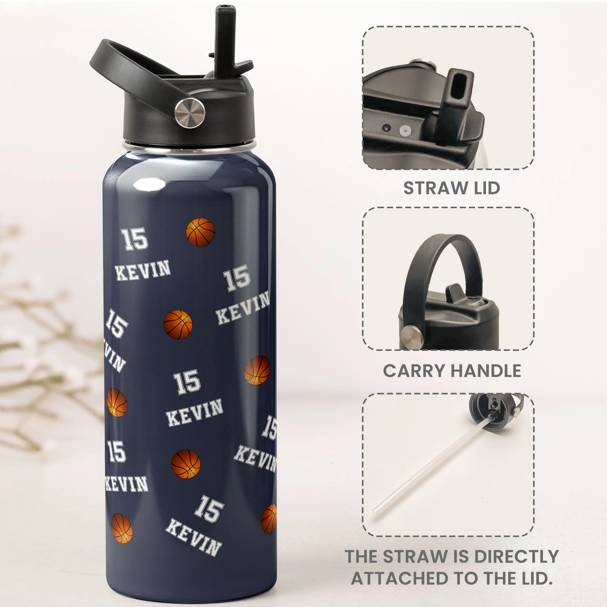Basketball Custom Name, Number - Personalized Stainless Steel Water Bottle - Image 2