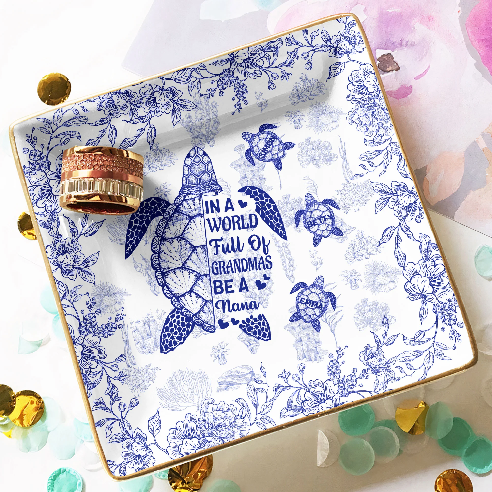 Be A Nana Turle Version Toile De Jouy - Personalized Jewelry Dish - Image 4