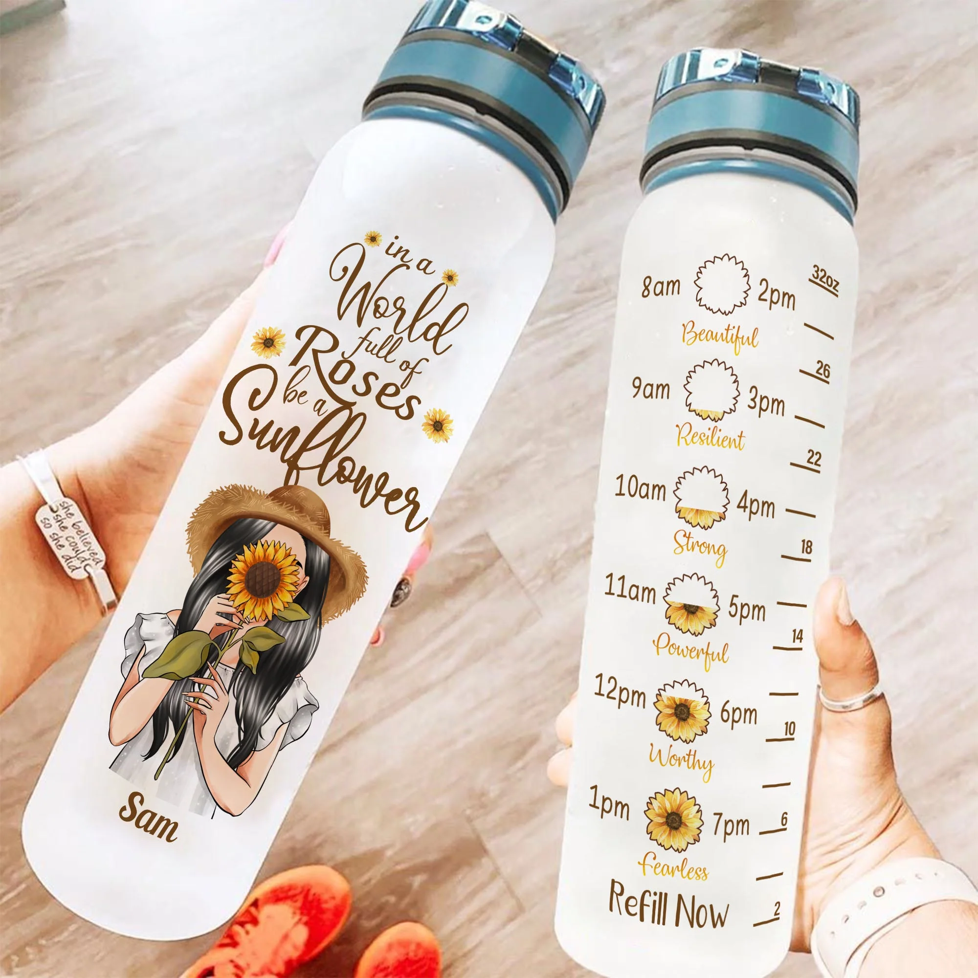 Be A Sunflower Cause You Are Awesome - Personalized Water Tracker Bottle - Image 2