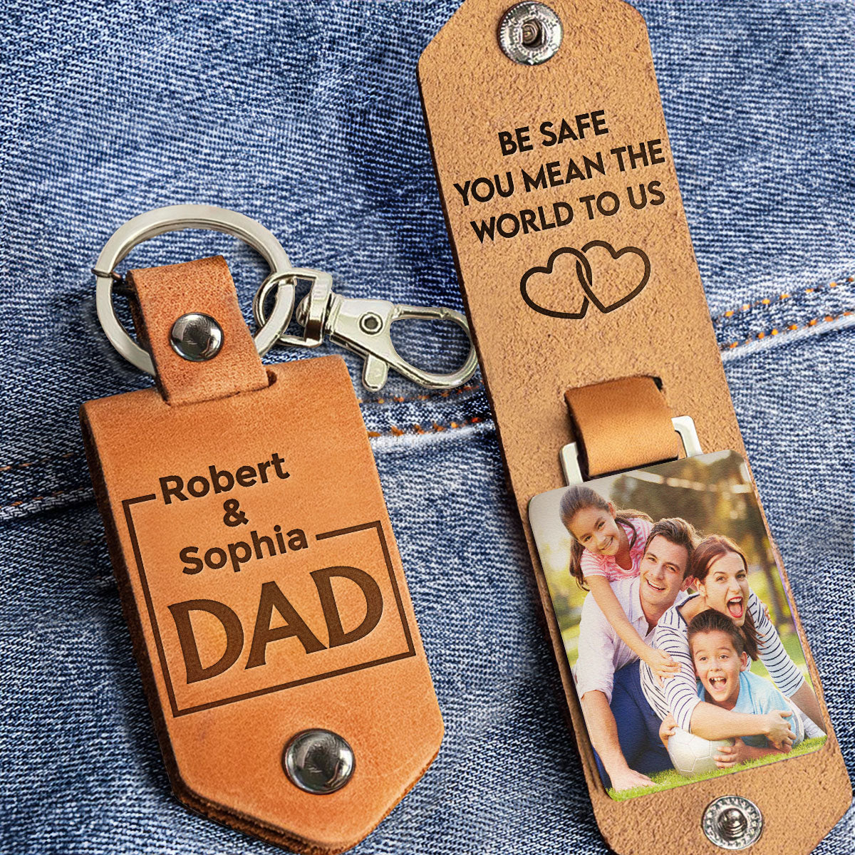 Be Safe You Mean The World To Us - Personalized Leather Photo Keychain - Image 2