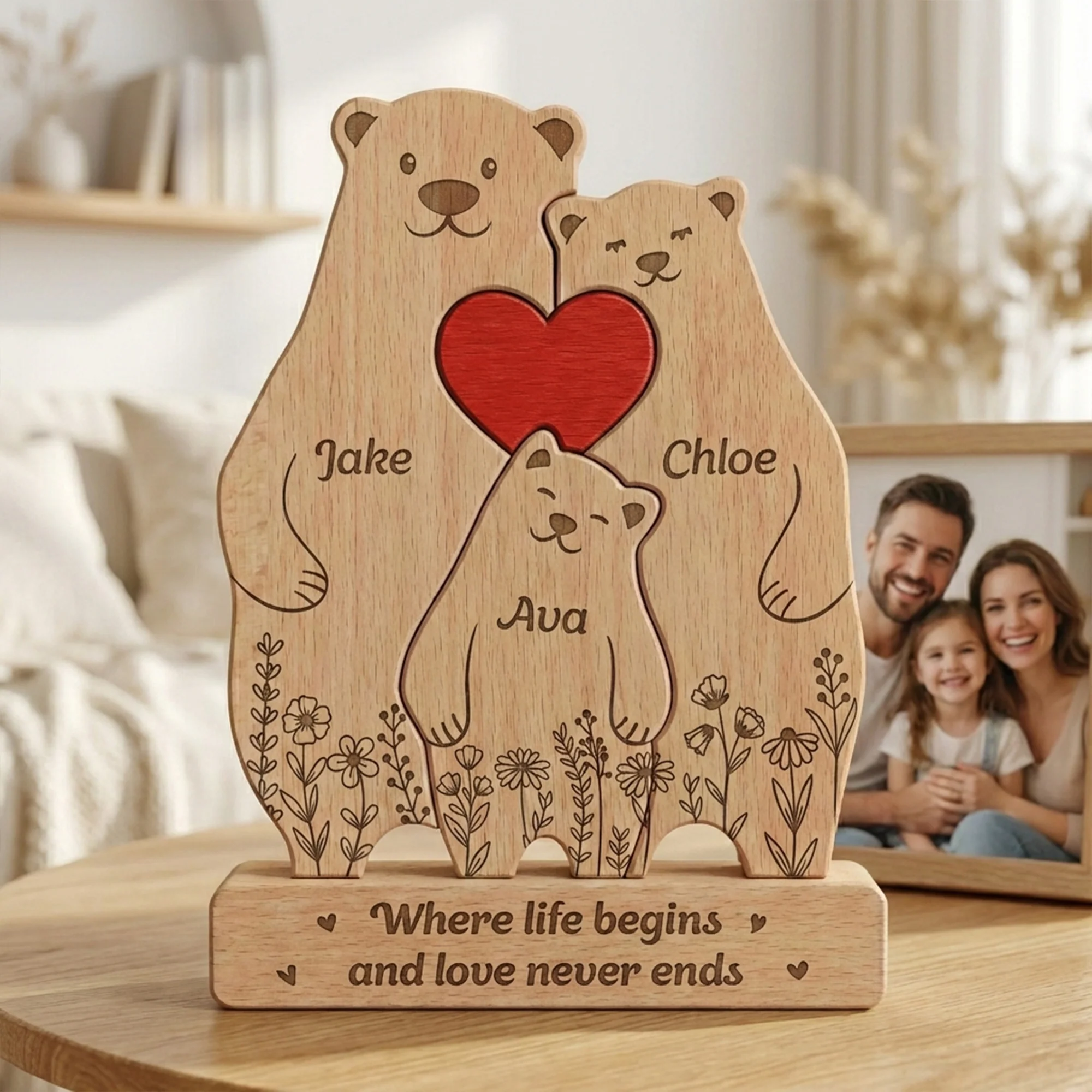 Bear Family, Mama Bear, Daddy Bear & Baby Cubs - Floral Style - Personalized Wooden Family Puzzle
