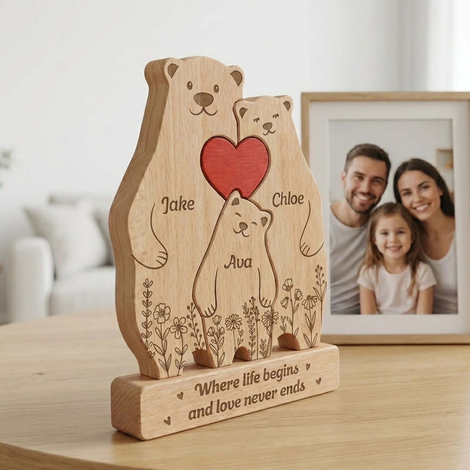 Bear Family, Mama Bear, Daddy Bear & Baby Cubs - Floral Style - Personalized Wooden Family Puzzle - Image 2