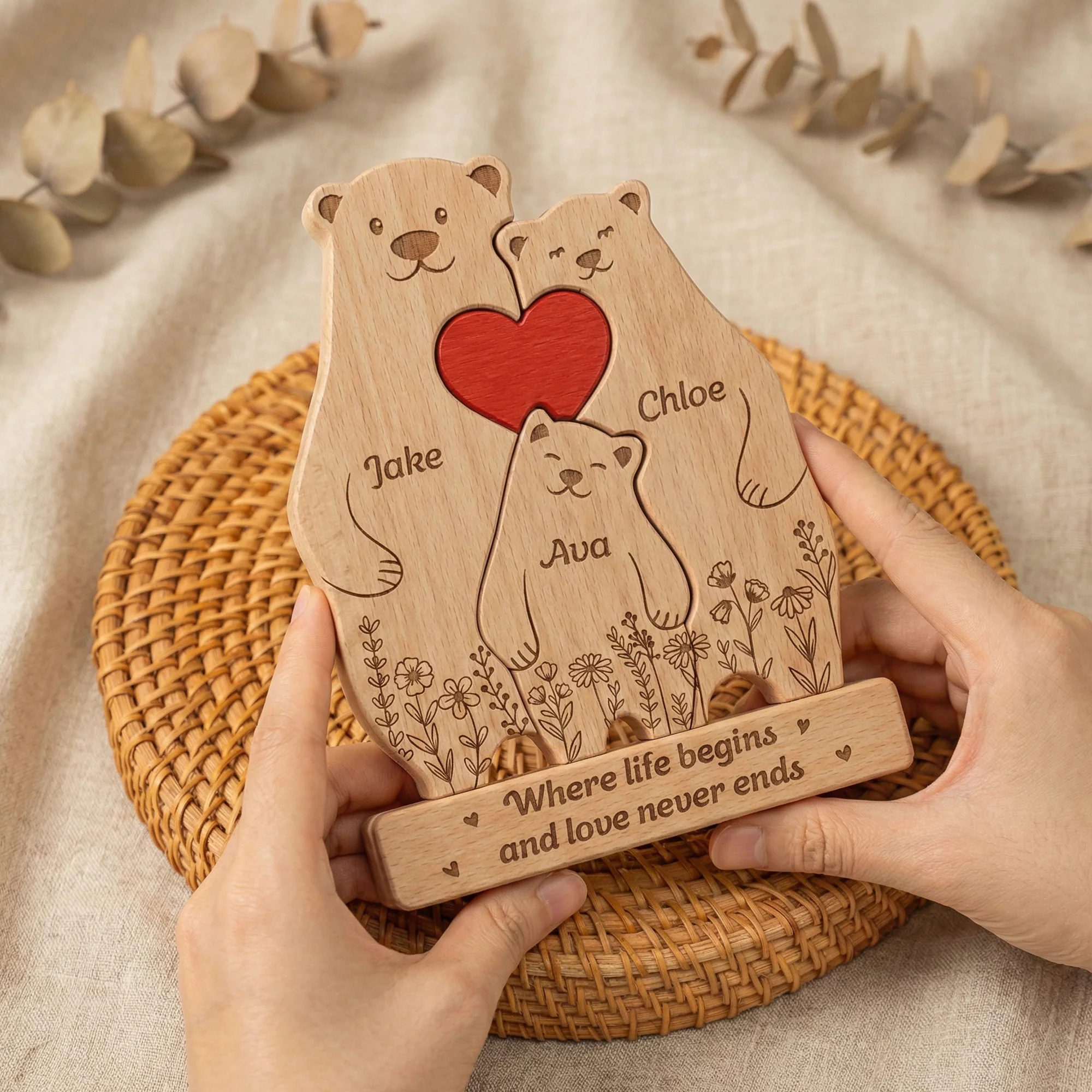 Bear Family, Mama Bear, Daddy Bear & Baby Cubs - Floral Style - Personalized Wooden Family Puzzle - Image 3