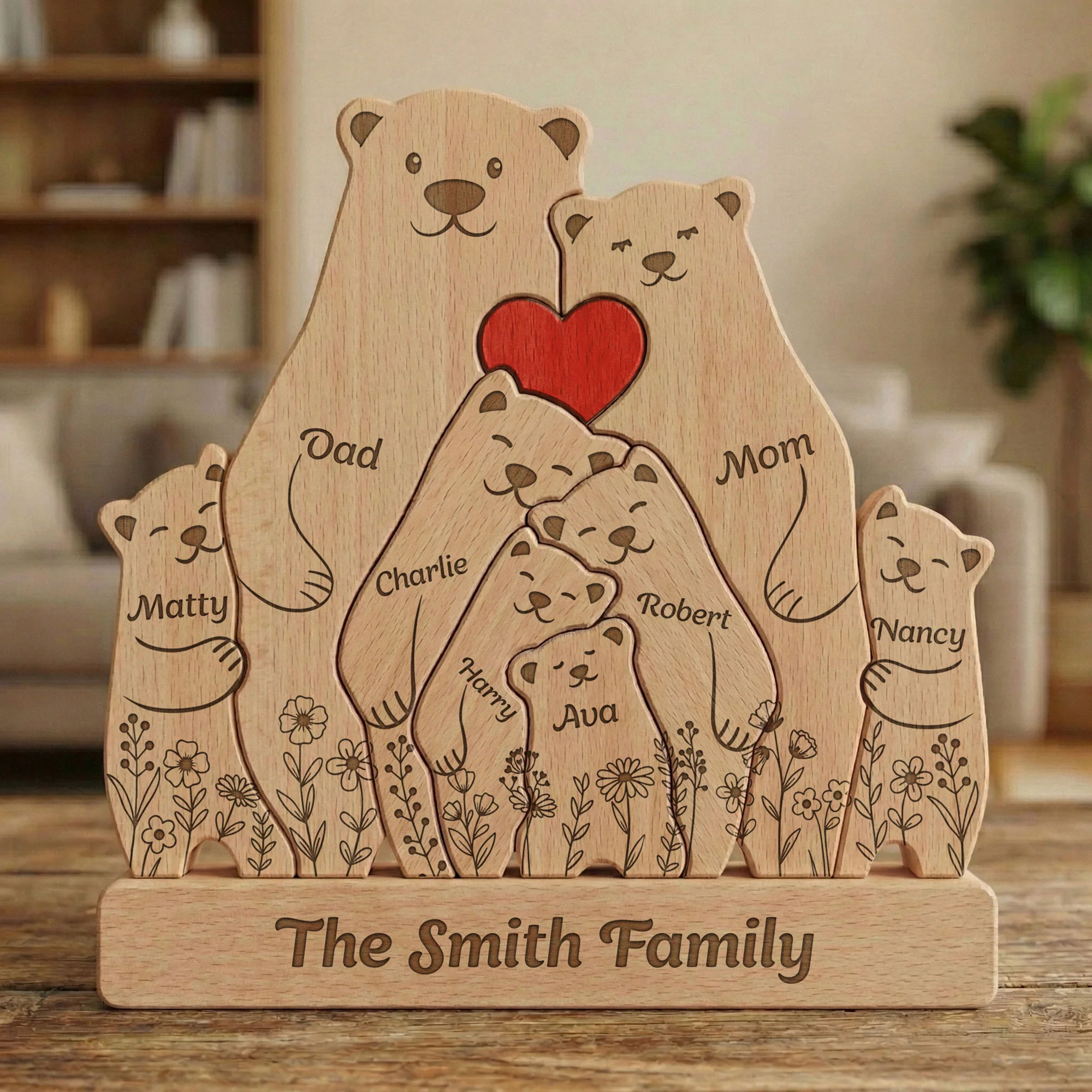 Bear Family, Mama Bear, Daddy Bear & Baby Cubs - Floral Style - Personalized Wooden Family Puzzle - Image 5