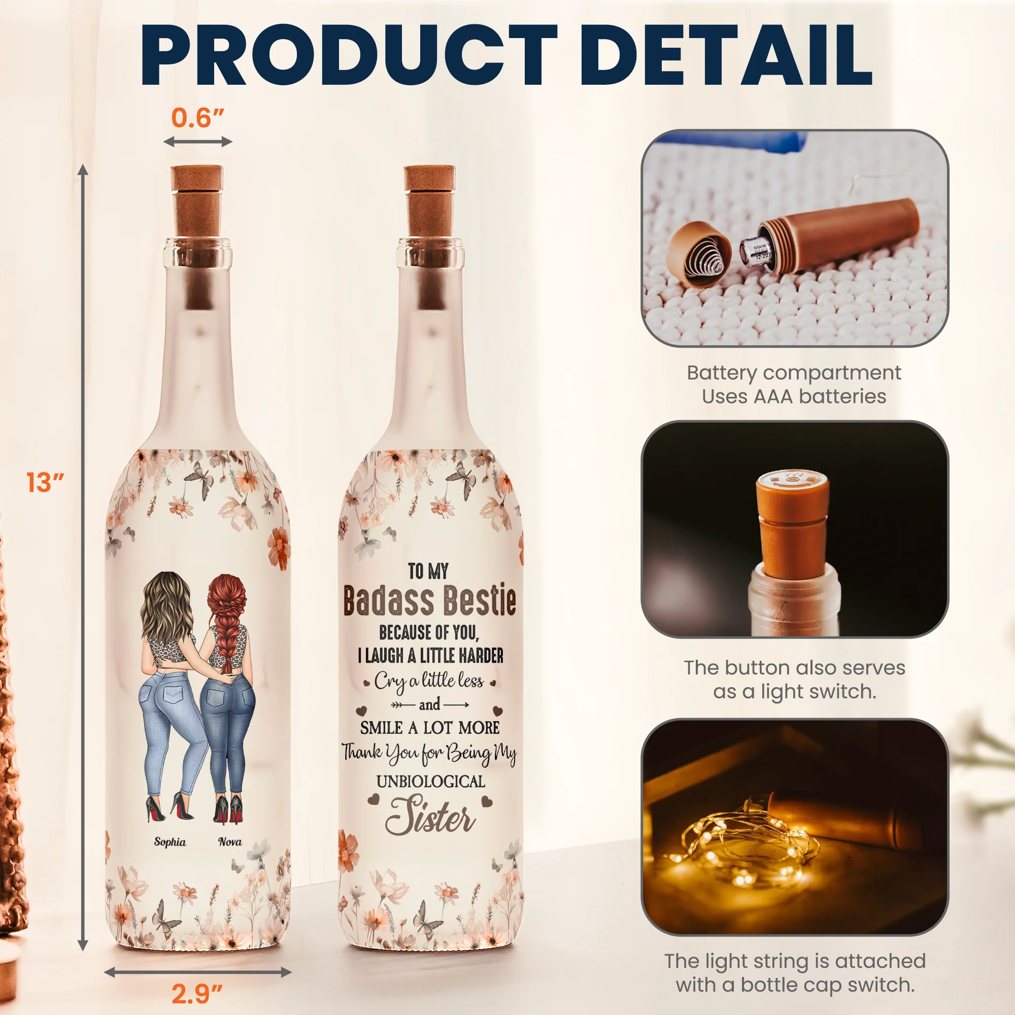 Because Of You, I Laugh A Little Harder Bestie - Personalized Bottle Lamp - Image 4