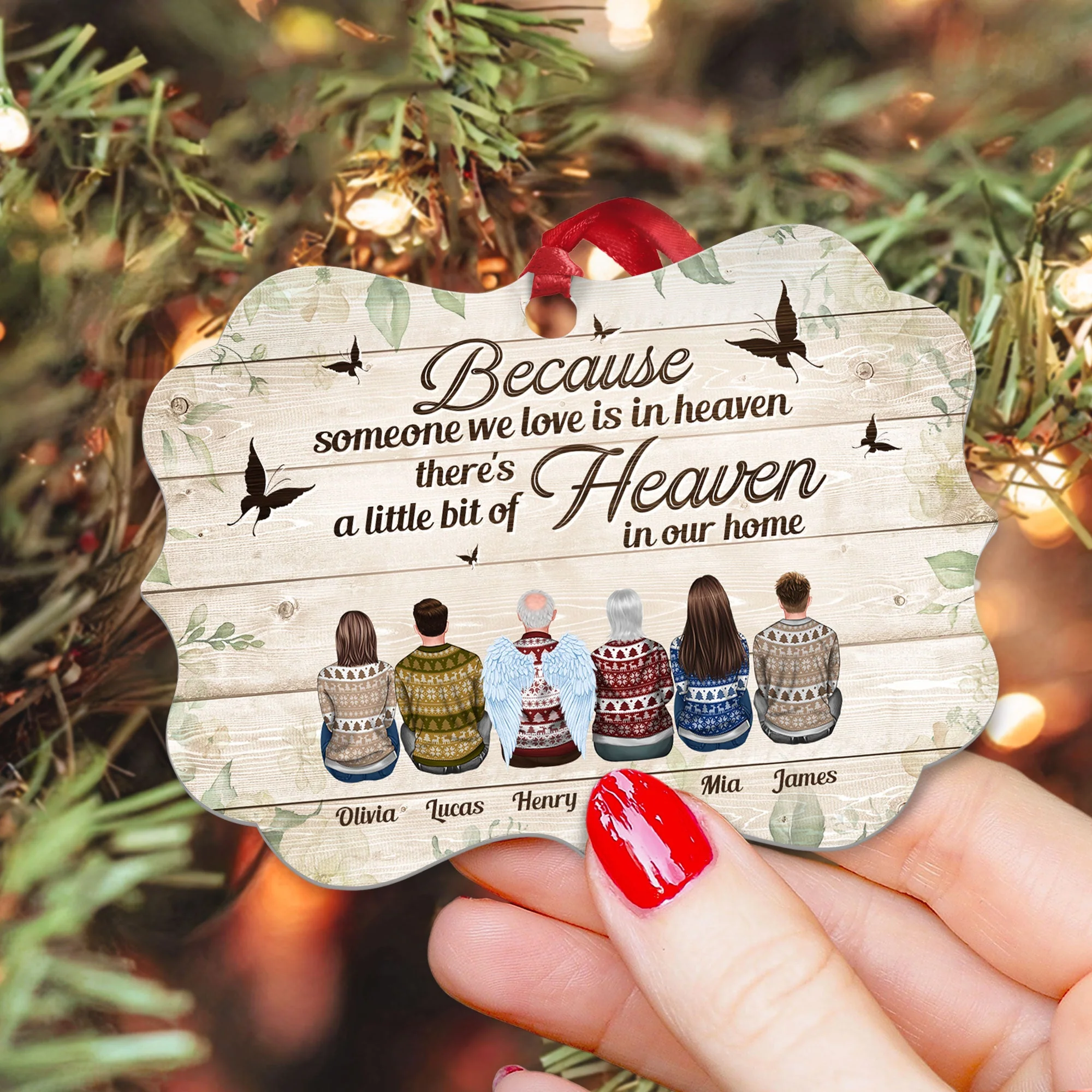 Because Someone We Love Is In Heaven - Personalized Aluminum Ornament - Christmas Gift Memorial Ornament For Family - Ugly Christmas Sweater Sitting - Image 3
