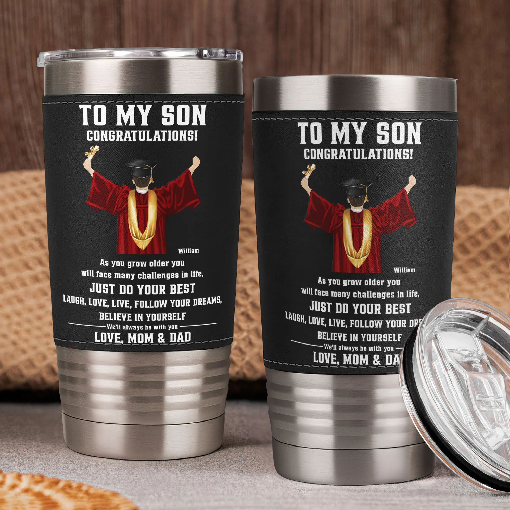 Believe In Yourself Gift For Son - Personalized 20oz Leather Wrapped Tumbler - Image 3