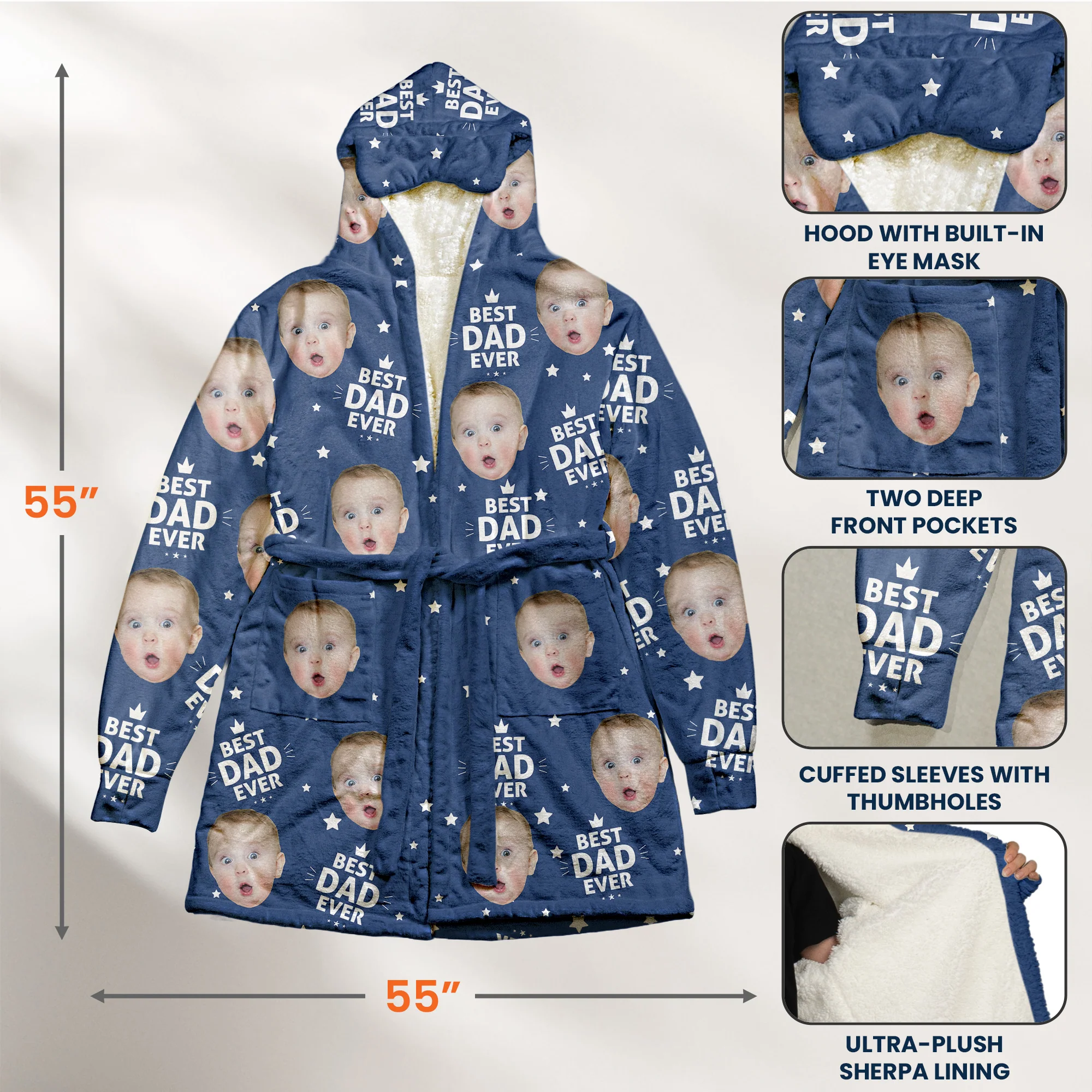 Best Dad Ever, Best Mom Ever, Best Papa Ever, Best Grandma Ever - Personalized Photo Hooded Robe - Image 6