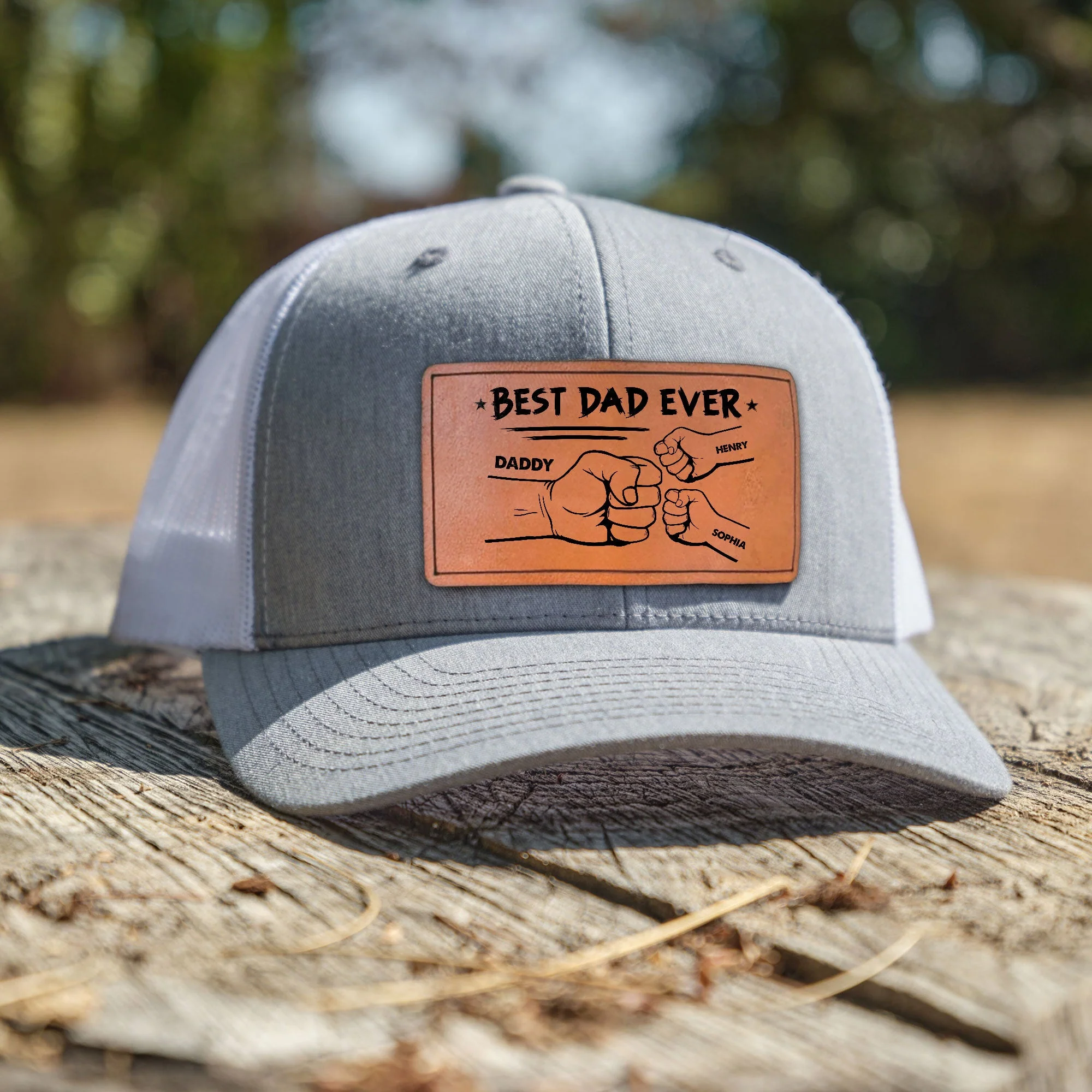 Best Dad Ever - Hands Version - Personalized Leather Patch Hat - Image 2