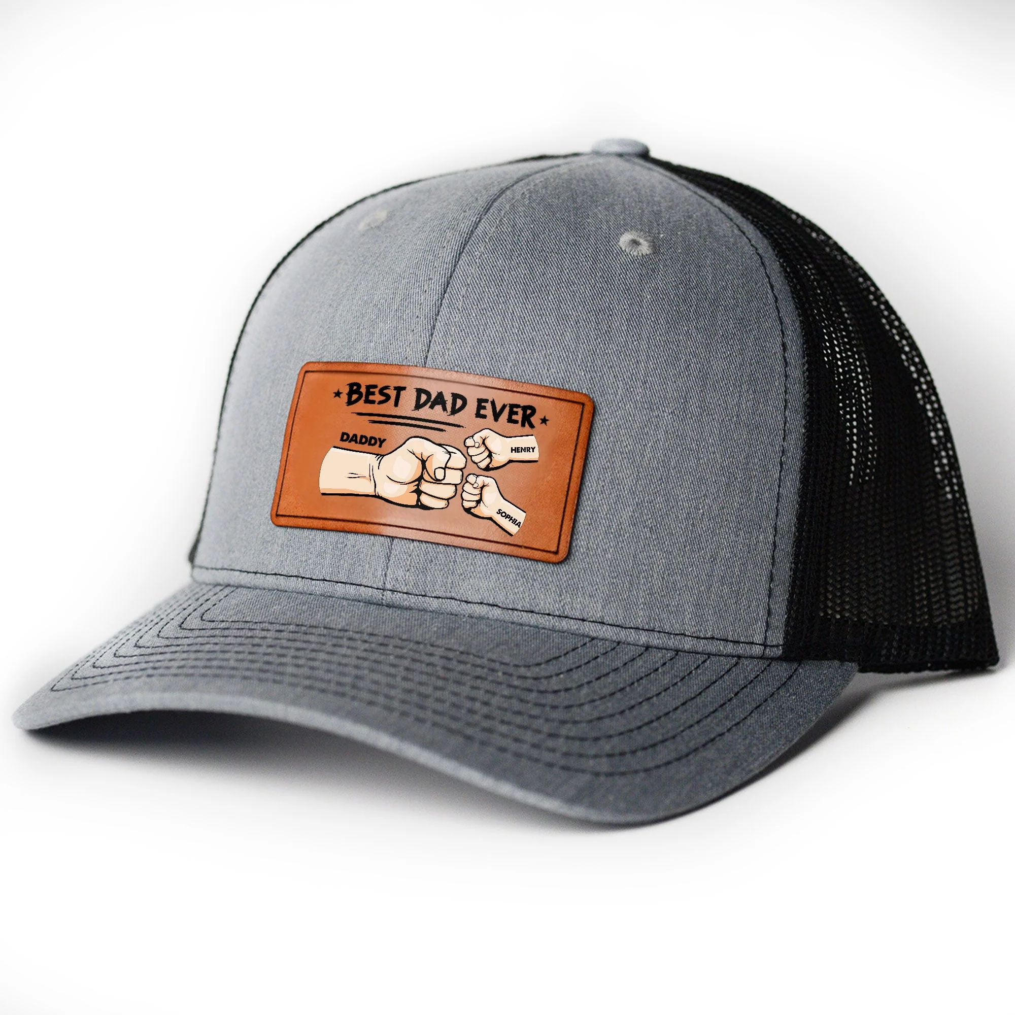 Best Dad Ever - Hands Version - Personalized Leather Patch Hat - Image 5