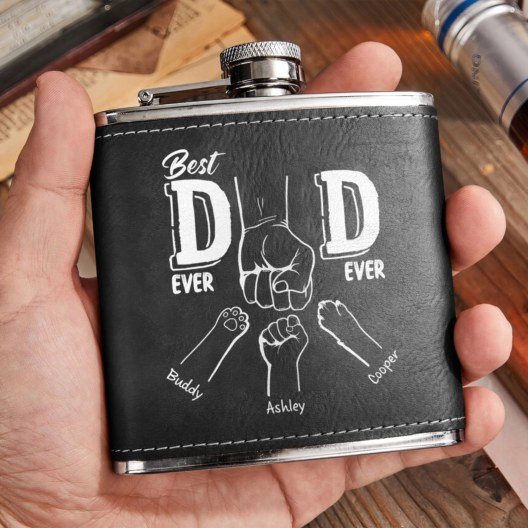 Best Dad Ever - Line Version - Personalized Leather Flask - Image 4