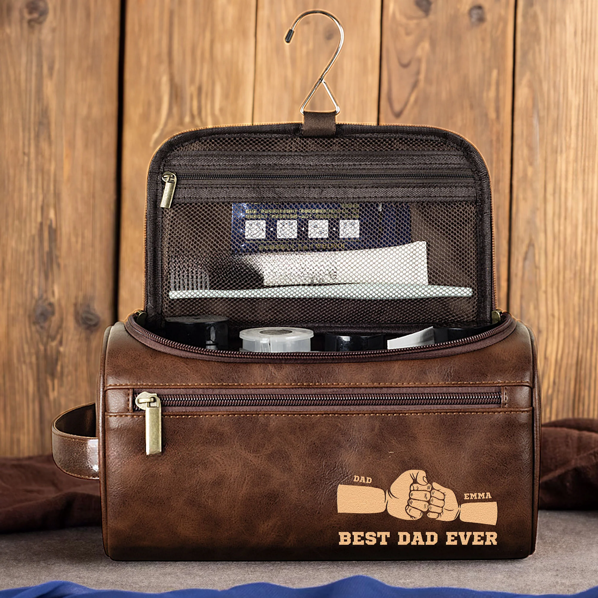 Best Dad Ever - Personalized Leather Toiletry Bag - Image 2