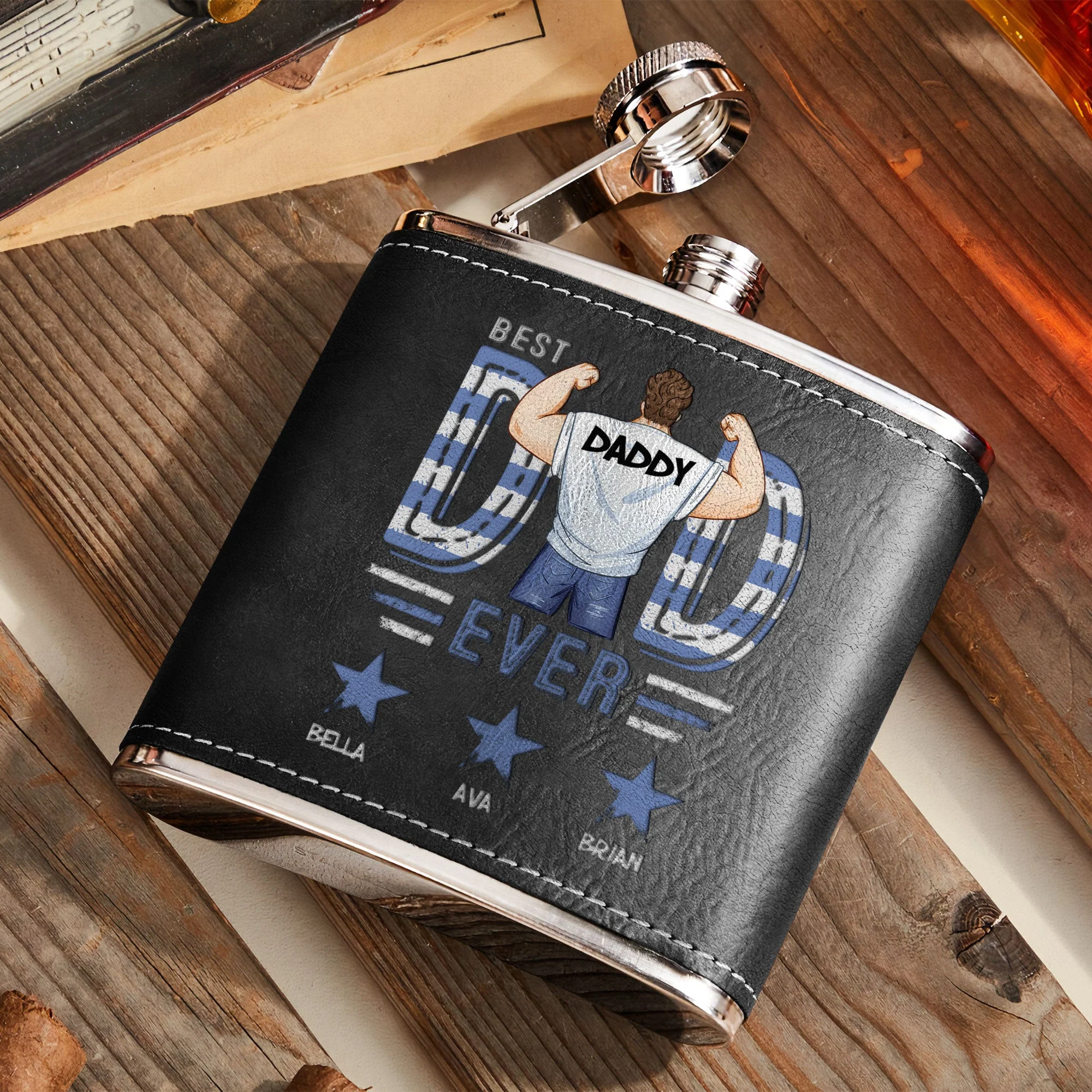 Best Dad Ever Star - Personalized Leather Flask - Image 5