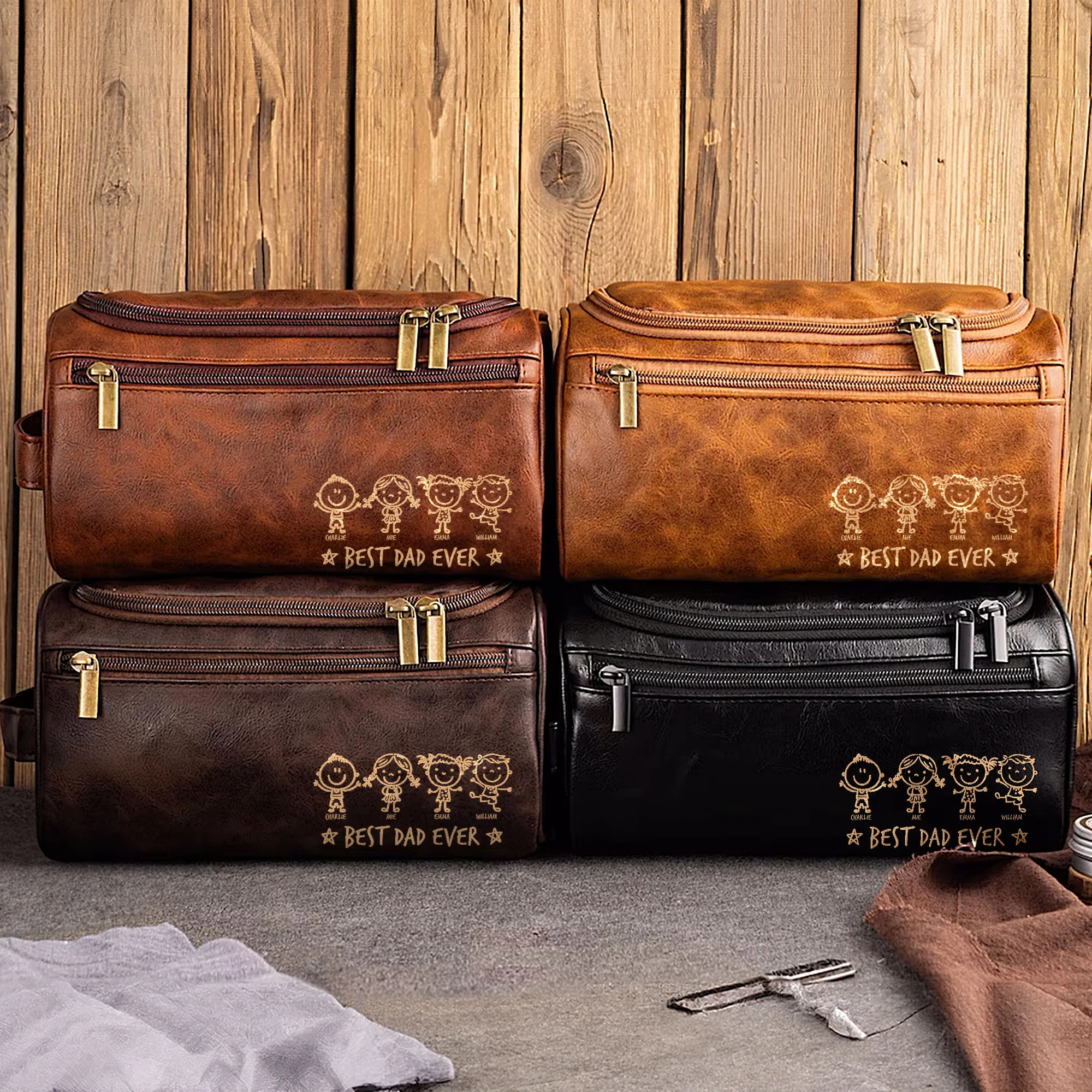 Best Dad Ever - Stick Figure Version - Personalized Leather Toiletry Bag - Image 2