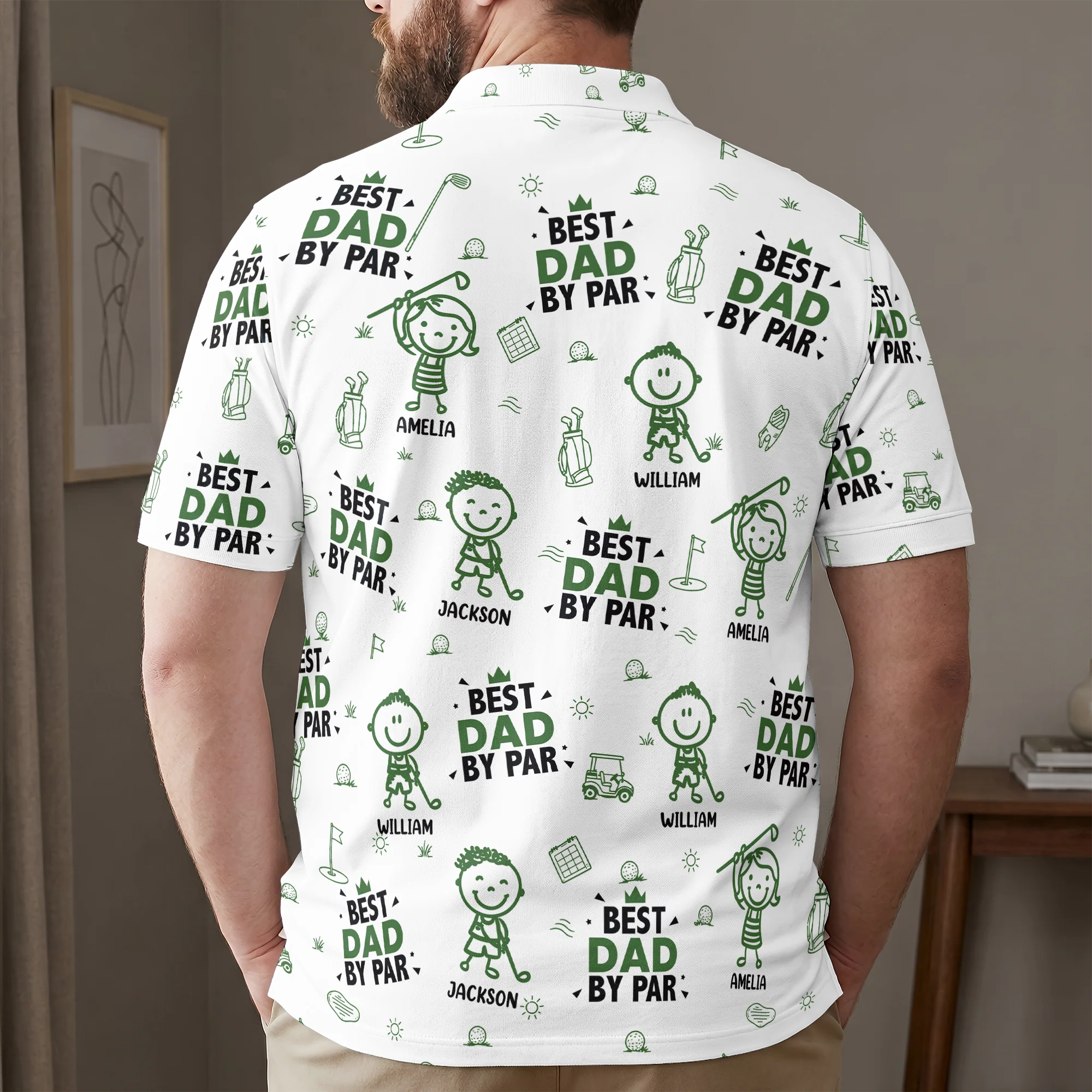 Best Dad, Grandpa By Par, Cute Kids Art, Toile De Jouy - Personalized Polo Shirt - Image 2