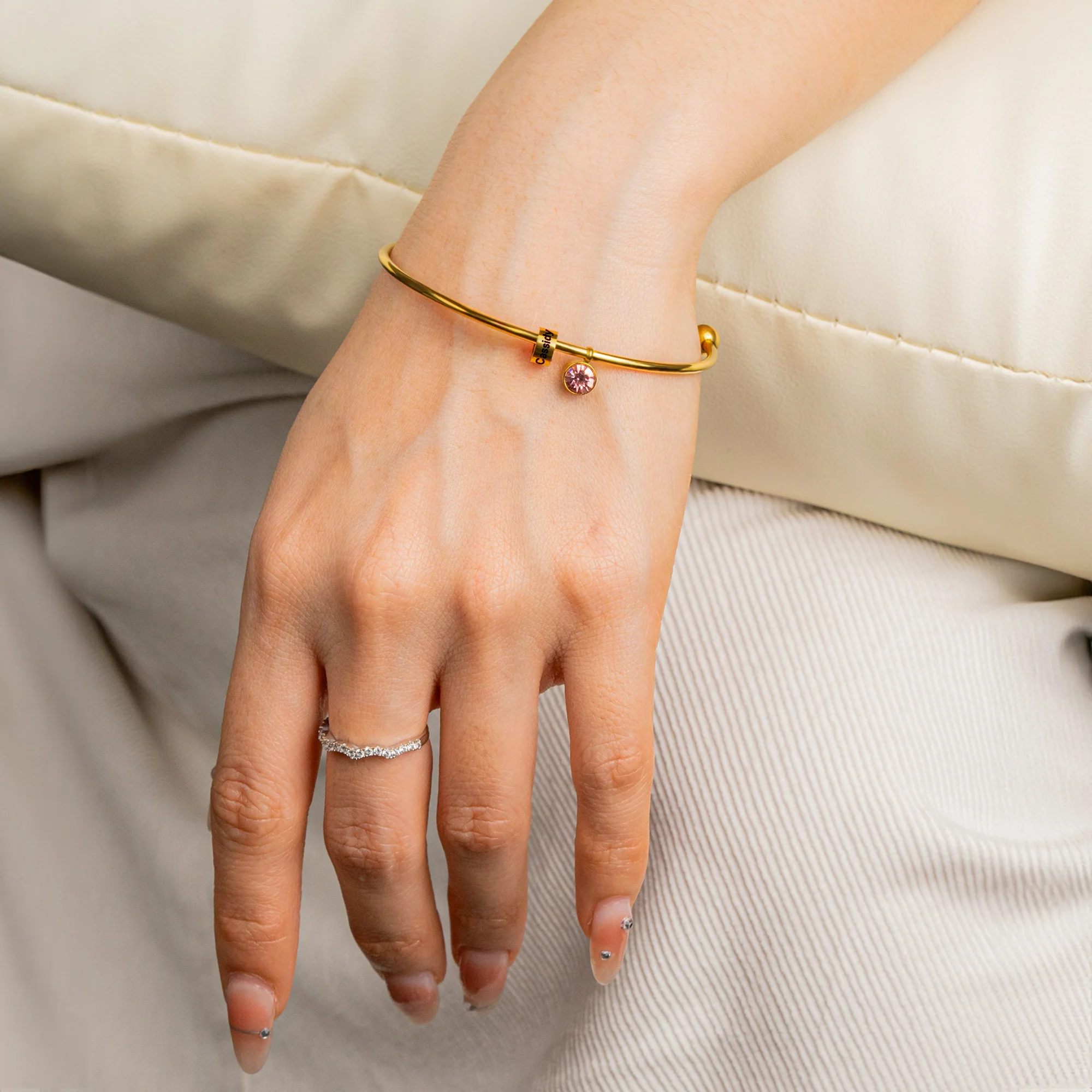 Best Friend Gift- Personalized Engravable Bead Name Cuff Bracelet With Birthstone - Image 3