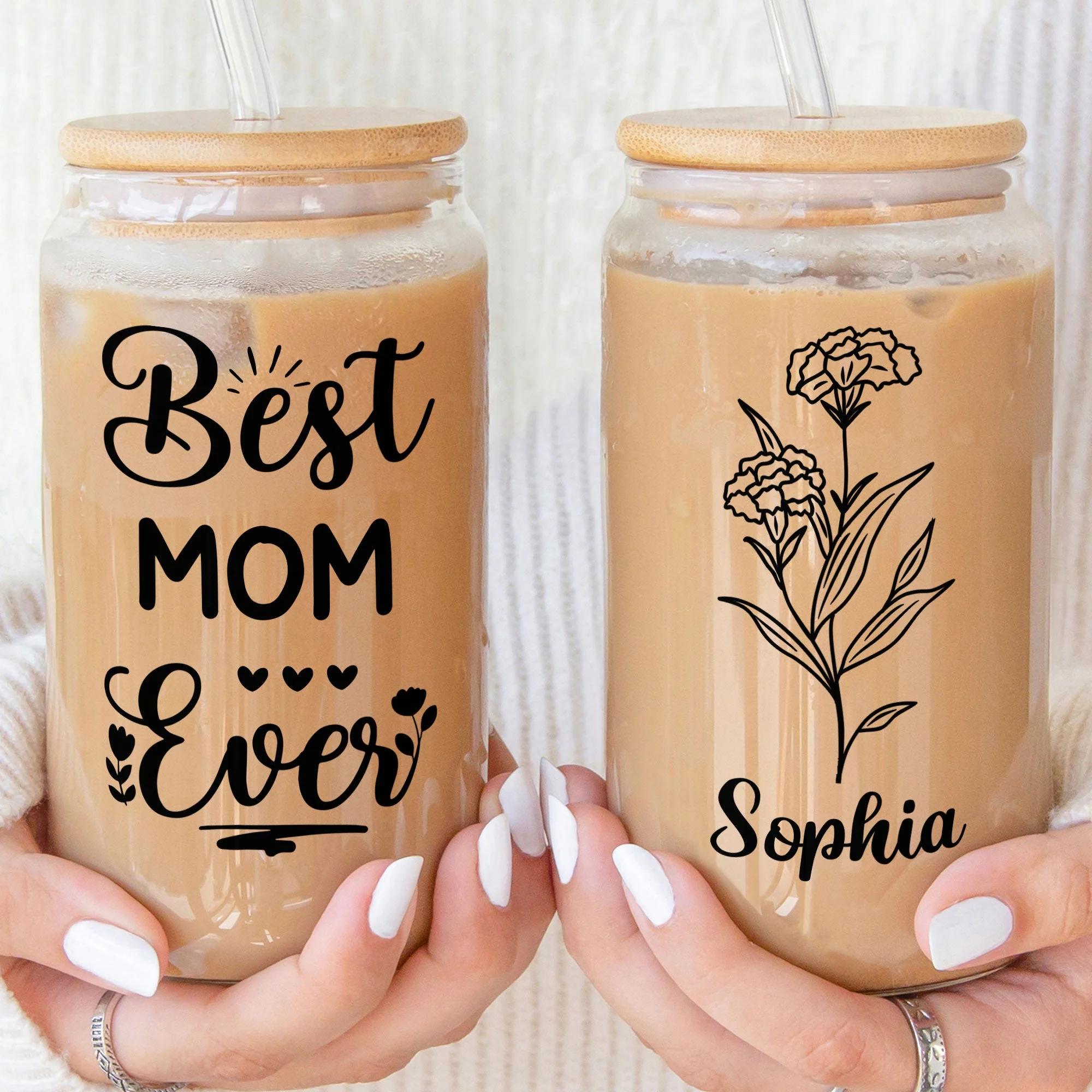 Best Mom Ever Custom Birthflower With Name - Personalized Clear Glass Cup - Image 3
