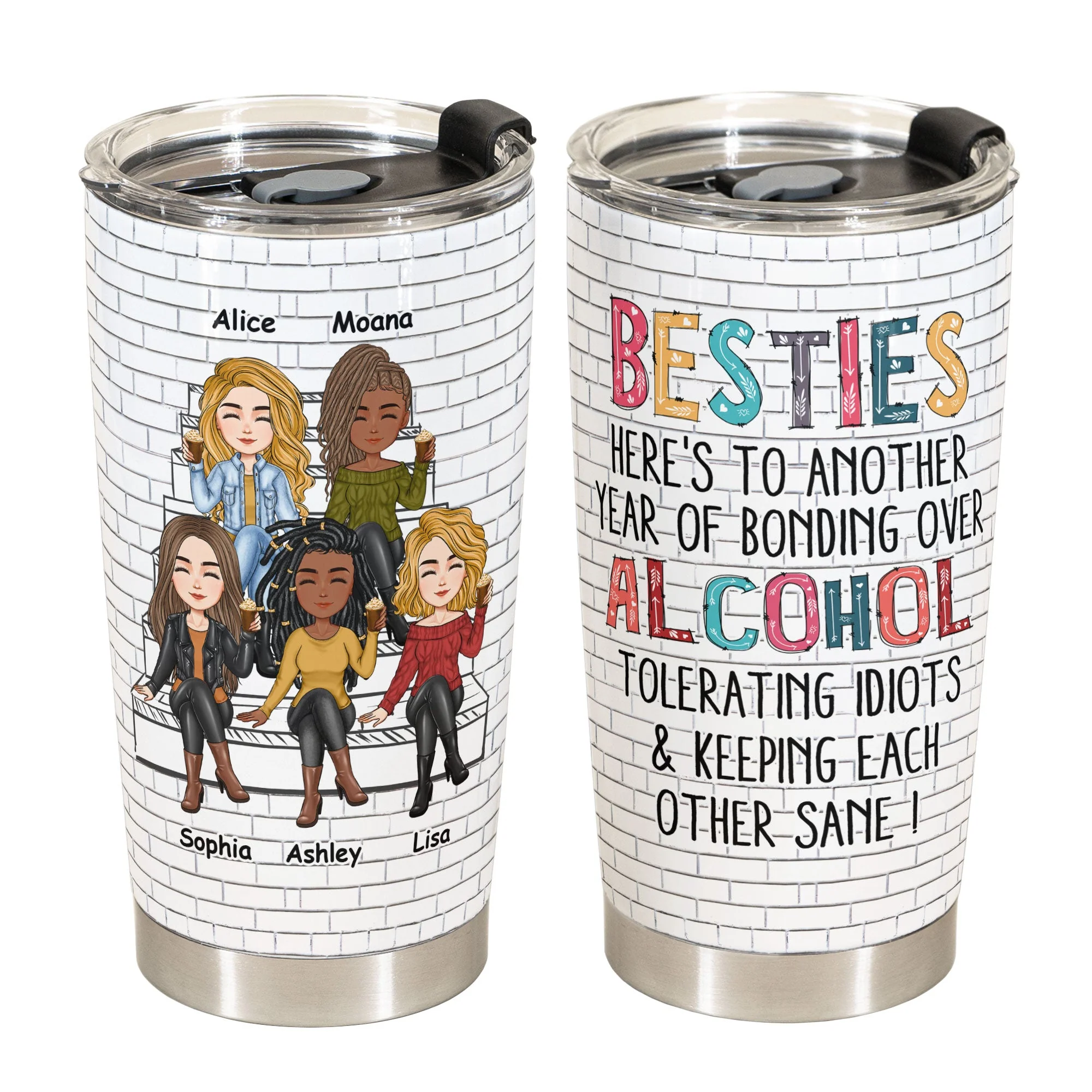 Besties - Another Year Of Bonding Over Alcohol - Cartoon Version - Personalized Tumbler Cup - Birthday, Funny Gift For Sisters, Sistas, Besties, Soul Sisters - Image 4