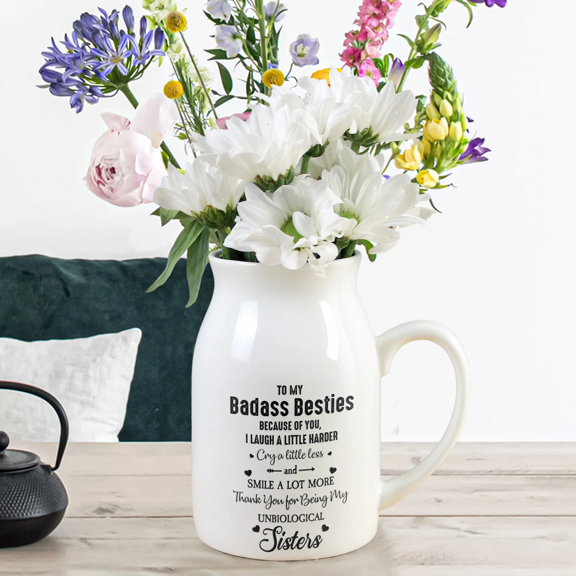 Besties Flowers Because Of You I Laugh Harder - Personalized Ceramic Flower Vase - Image 3