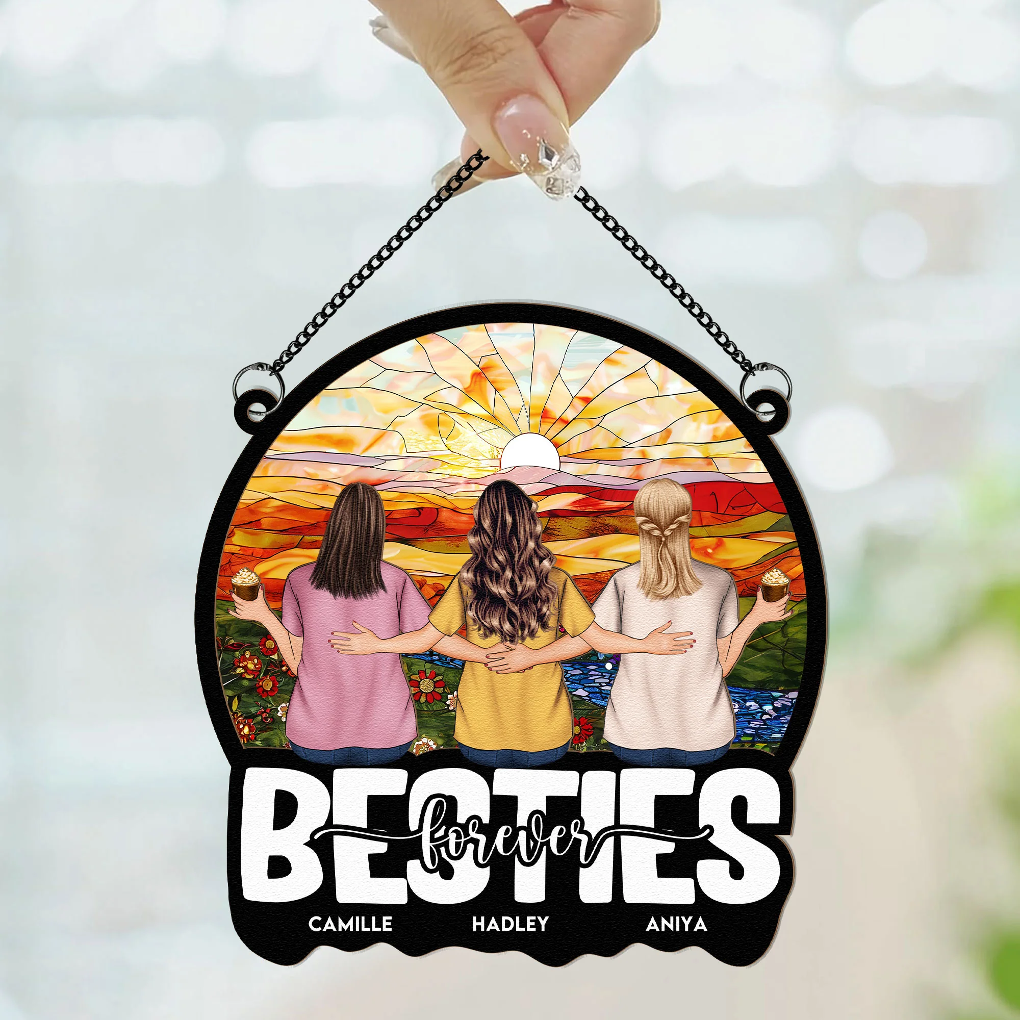Besties Sitting Together Ver 2 - Personalized Window Hanging Suncatcher Ornament - Image 2