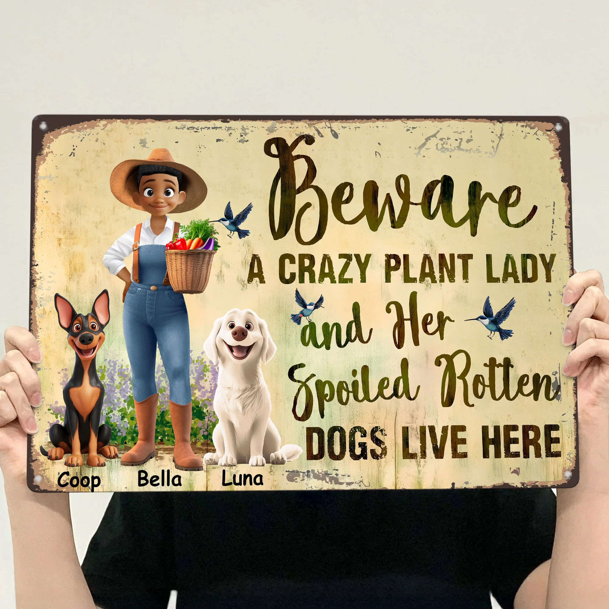 Beware A Crazy Plant Lady & Her Spoiled Rotten Dogs Live Here - Personalized Metal Sign - Image 3