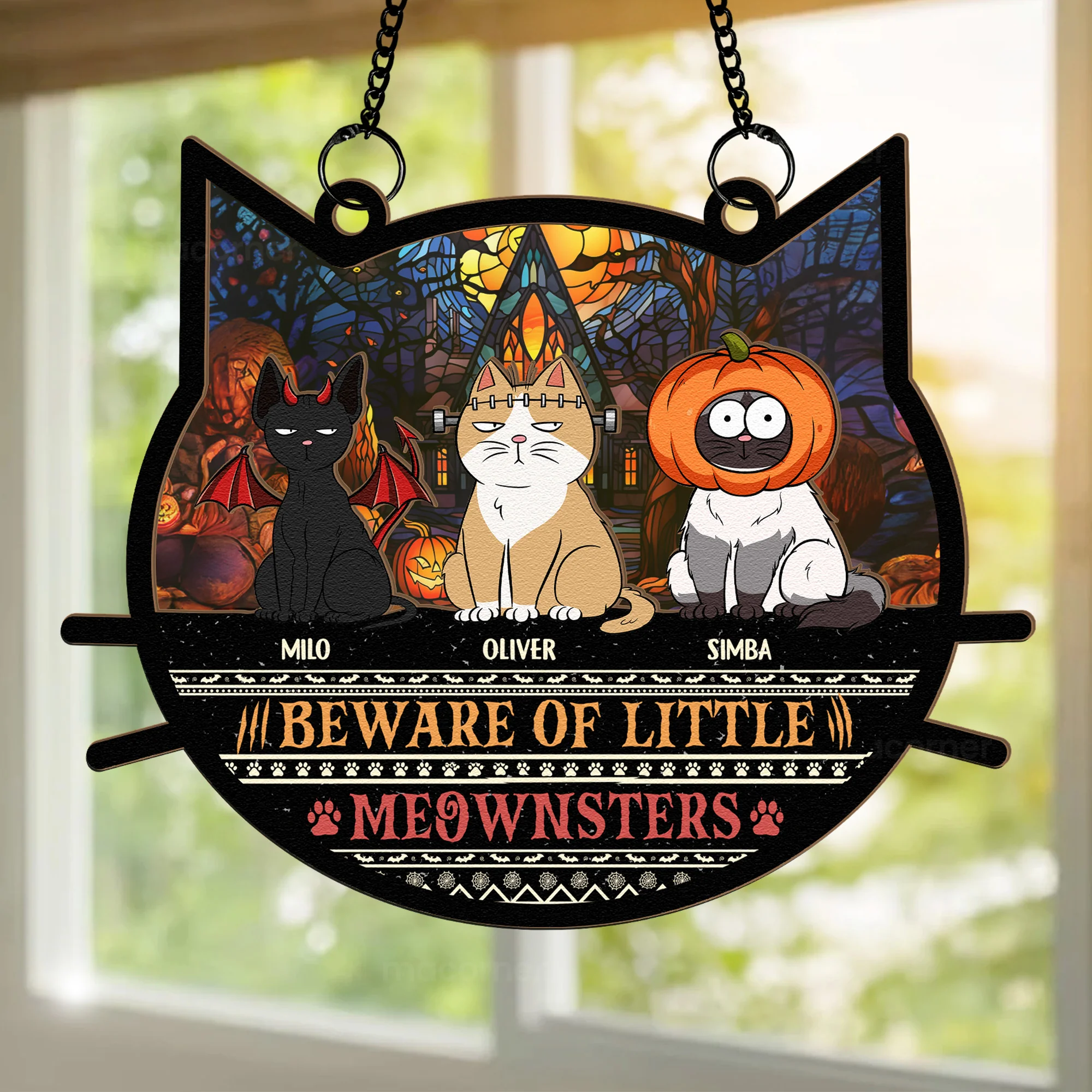 Beware Of Little Meownsters Halloween - Personalized Window Hanging Suncatcher Ornament - Image 2