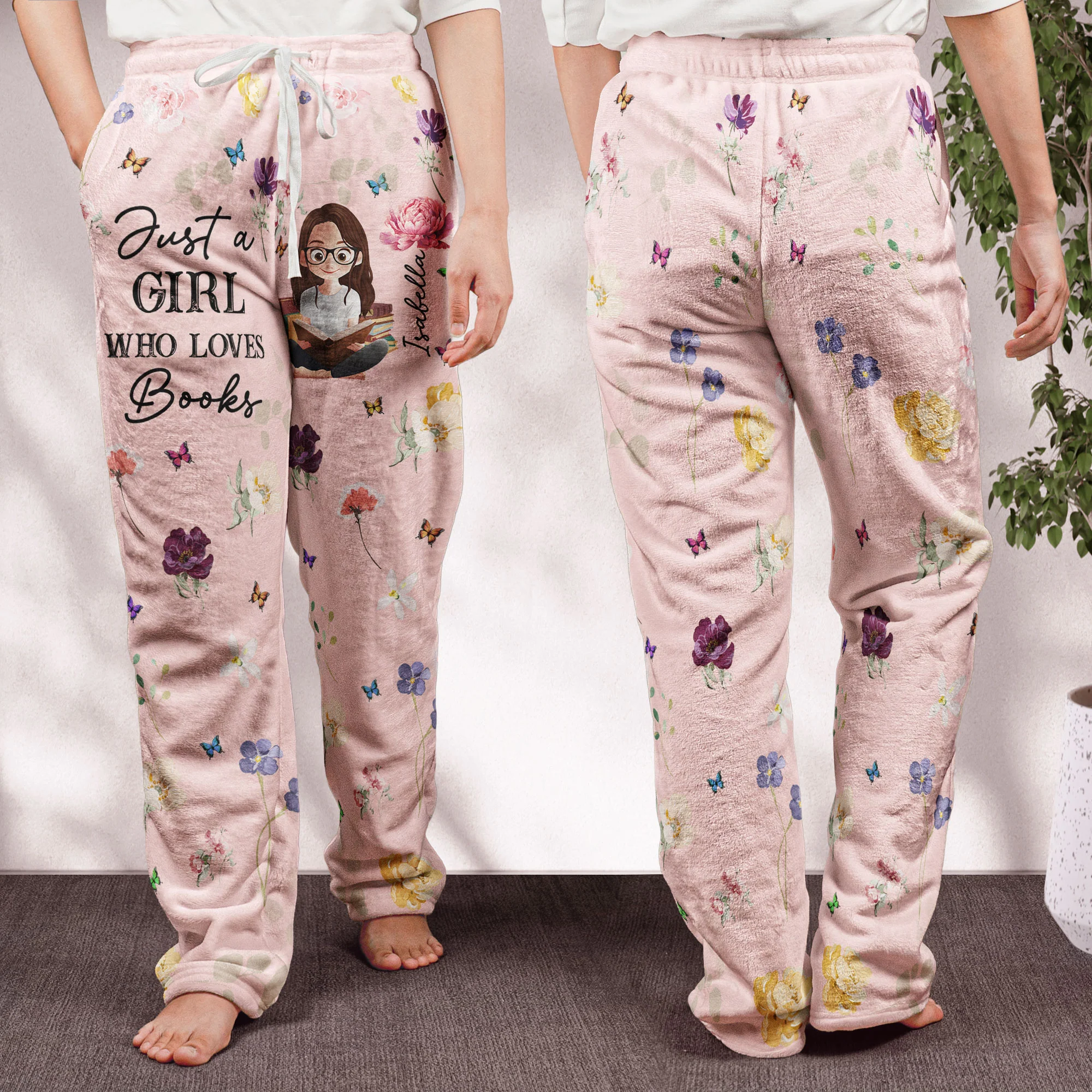Birth Flower Book Lover - Personalized Fleece Pajama Pants - Image 4