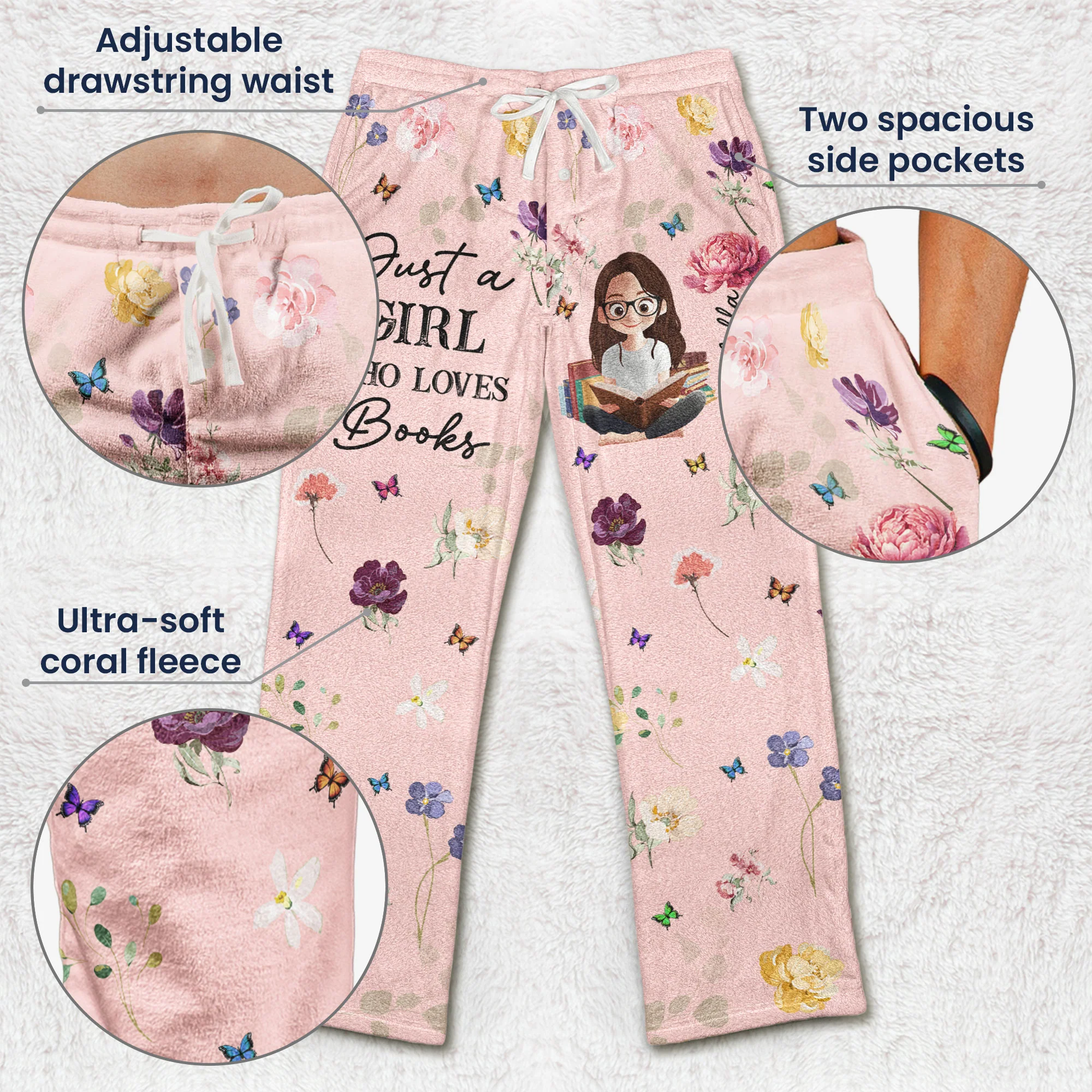 Birth Flower Book Lover - Personalized Fleece Pajama Pants - Image 5