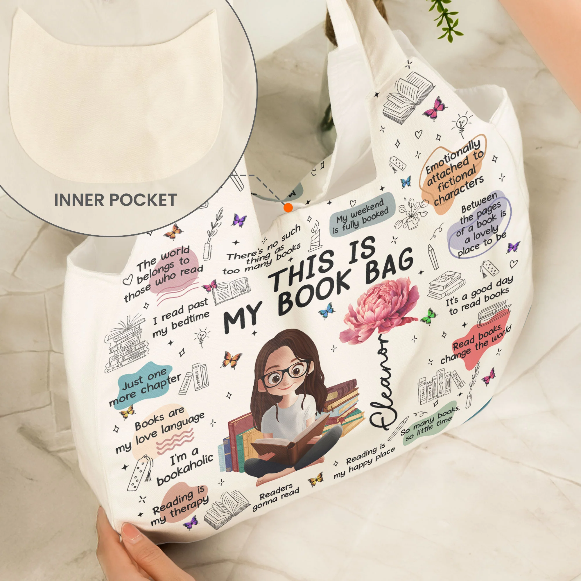 Birth Flower Book Lovers, Books Quotes - Personalized Round Tote Bag - Image 5