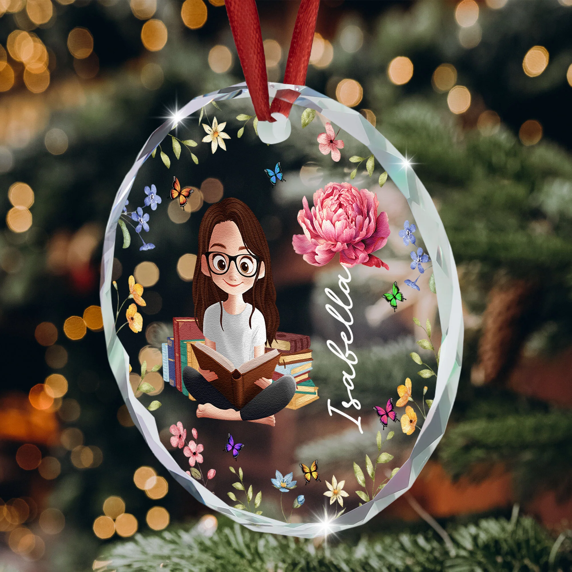 Birth Flower Book Lovers - Personalized Glass Ornament - Image 2