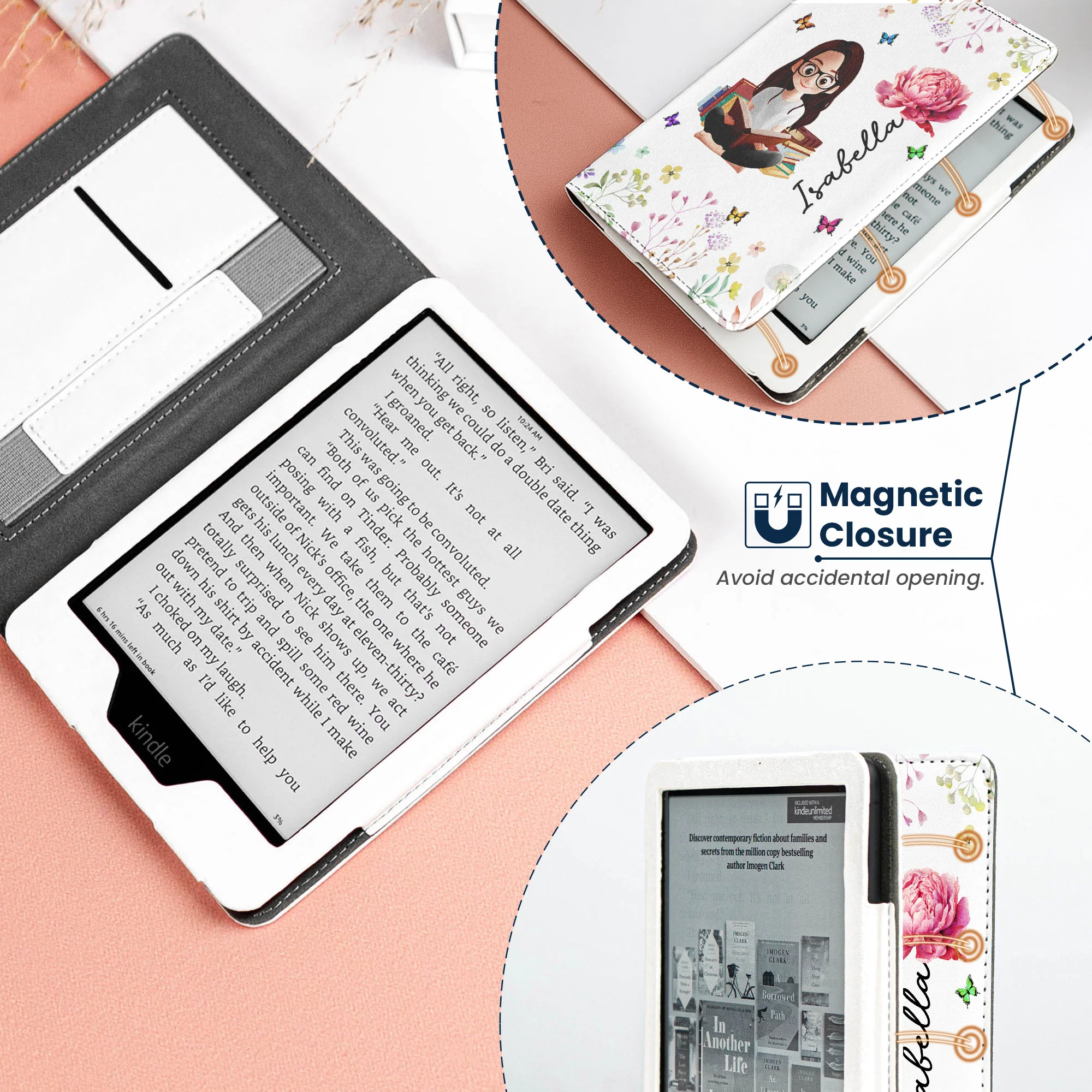 Birth Flower Book Lovers - Personalized Kindle Paperwhite Case With Stand - Image 3