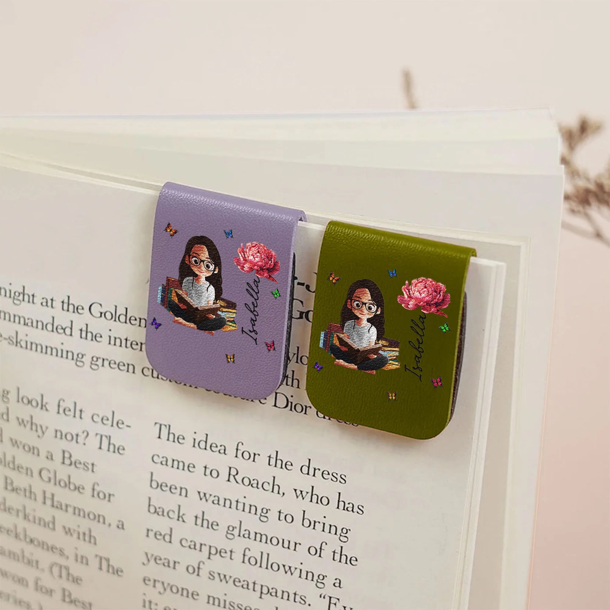 Birth Flower Book Lovers - Personalized Leather Magnetic Bookmark - Image 5
