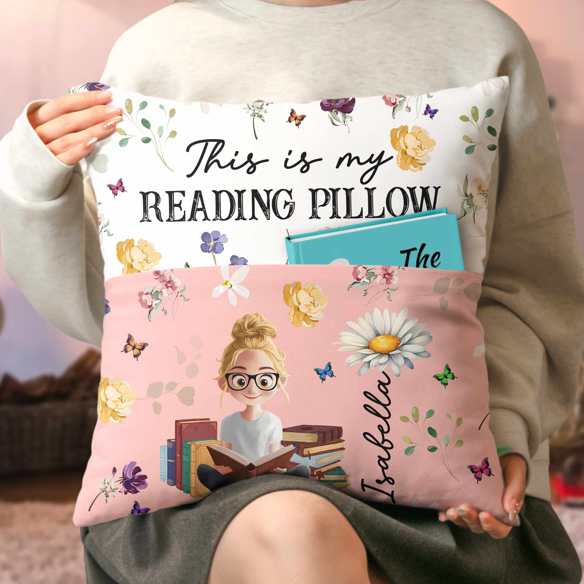 Birth Flower Book Lovers - Personalized Pocket Pillow (Insert Included) - Image 2