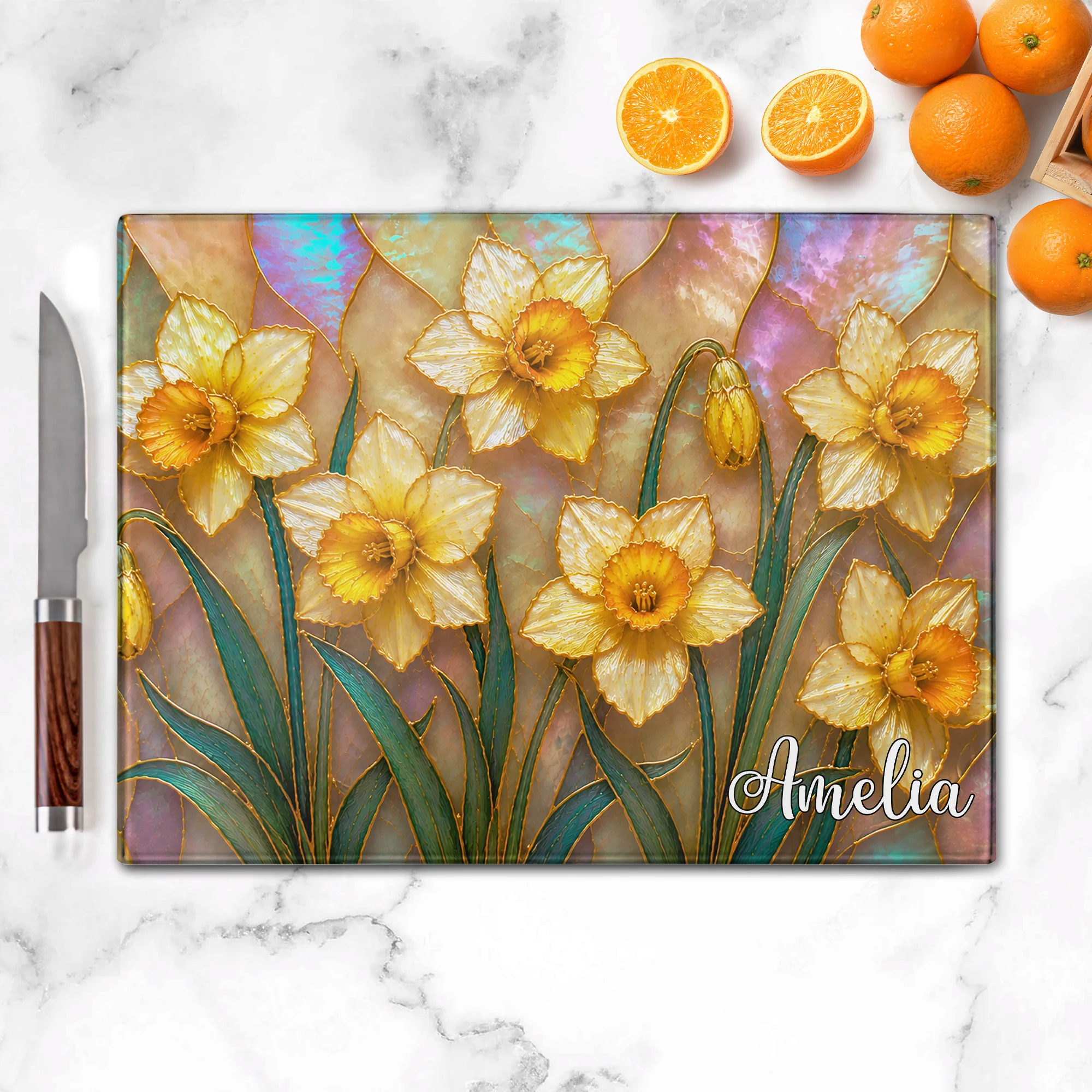 Birth Flower Mother-Of-Pearl Kitchen Decor Gift For Her - Personalized Cutting Board - Image 2
