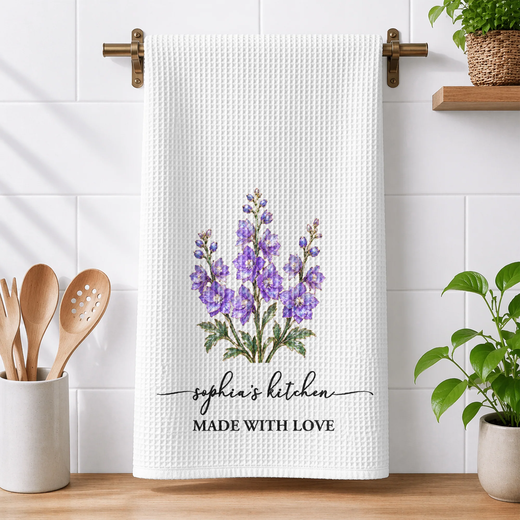 Birth Flower Mother-Of-Pearl Style Gift For Her - Personalized Kitchen Towel